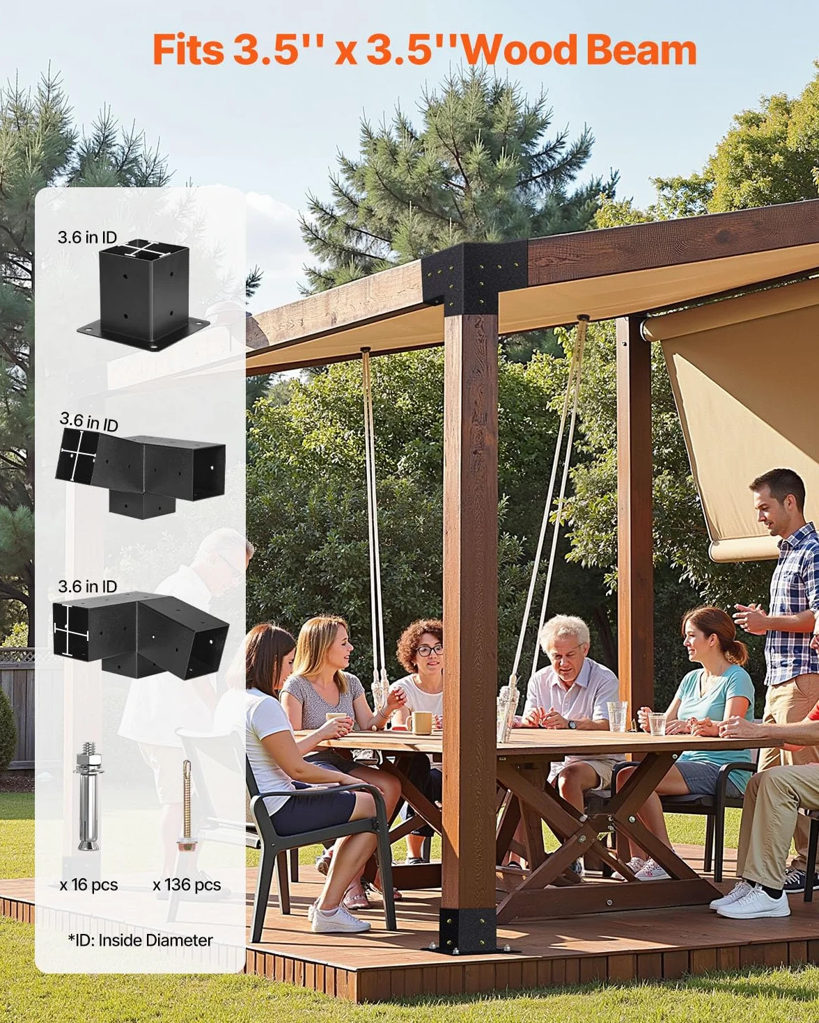 VEVOR Zestaw pergoli ze stali węglowej, 8 sztuk 3-drożnych wsporników pochylonych ok. 101 x 101 mm, pasuje do belek o wymiarach ok. 1067 x 1067 mm z akcesoriami do montażu na ścianie, altany