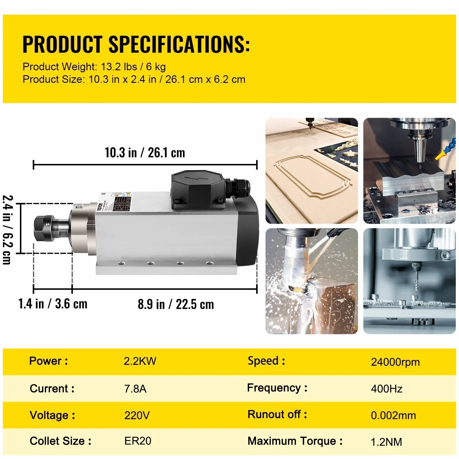 2.2KW CNC kwadratowy chłodzony powietrzem silnik wrzeciona ER20 Collet 4 łożyska przetwornica częstotliwości Router frezarka grawerująca