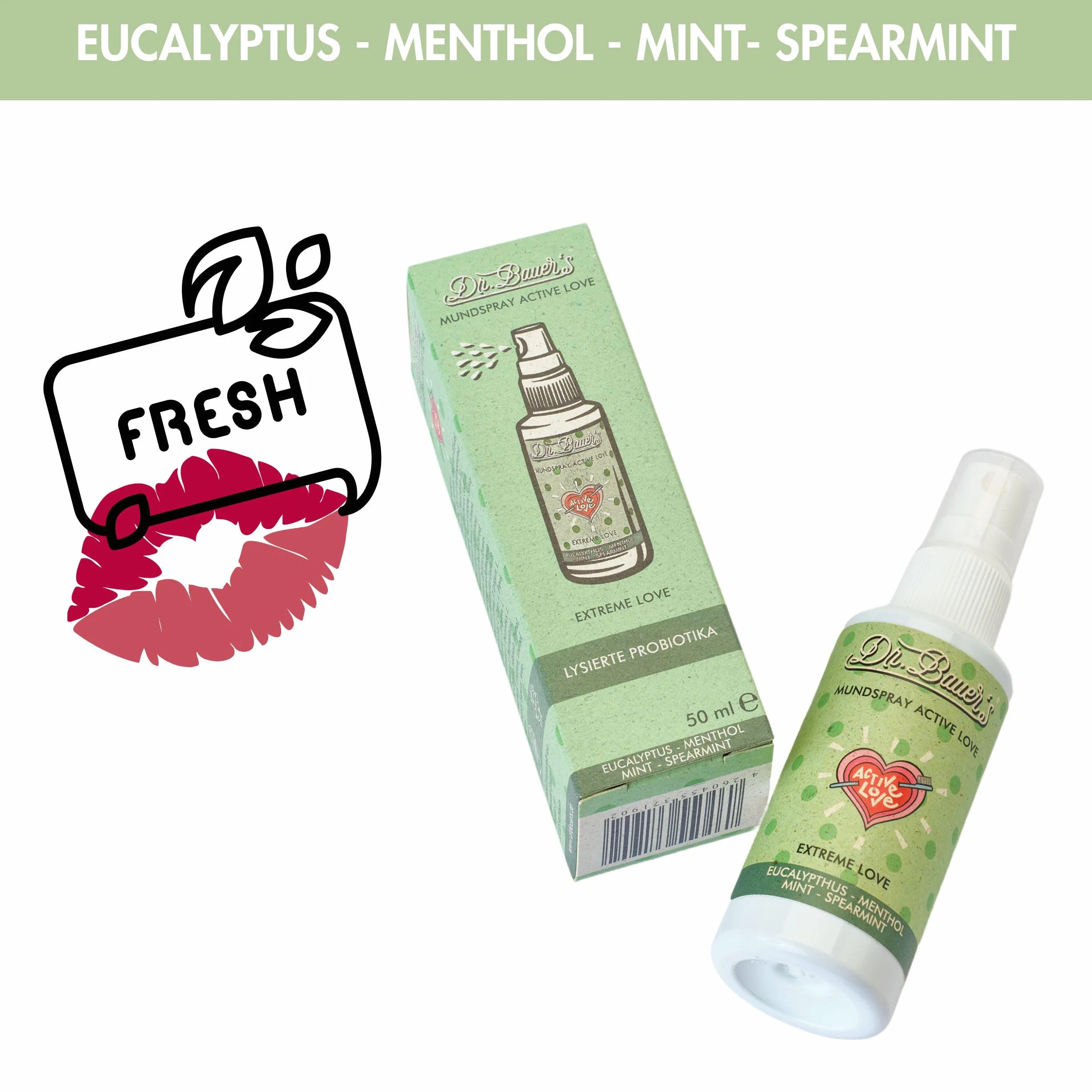 Dr. Bauer's Spray do ust Extreme Love – bardzo mocna świeżość mięty zapewnia natychmiastowy czysty oddech – wegański spray do oddychania bez alkoholu – intensywny i zrównoważony – 50 ml