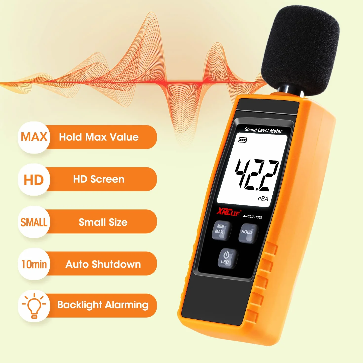 Cyfrowy miernik dźwięku dB, urządzenie przenośne, pomiar 30-130 dB(A), wyświetlanie LCD, funkcje max/min/trzymanie, alarm programowalny