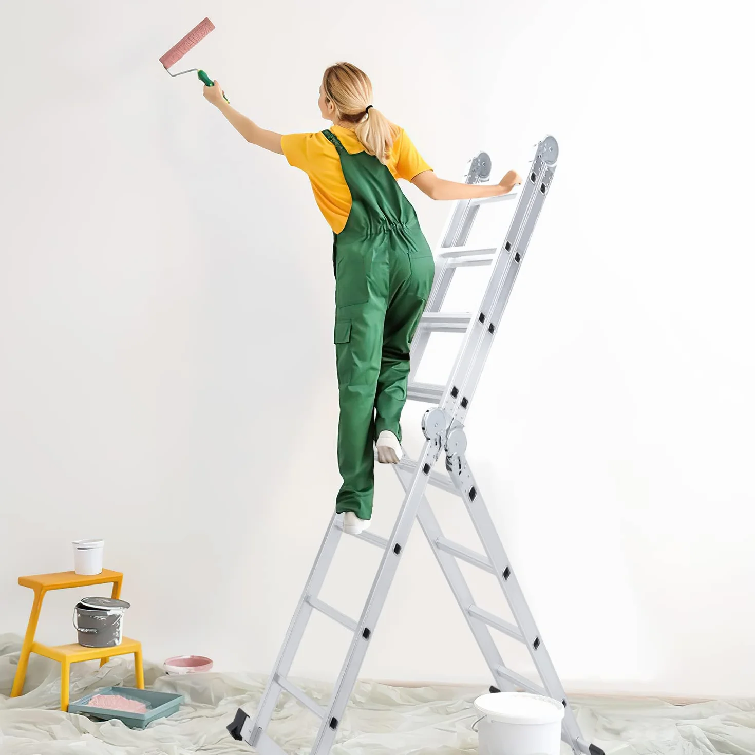 Ikodm 4,7 m 4 x 4 stopnie aluminiowa drabina wielofunkcyjna, z platformą, drabina z 2 płytami rusztowania, drabina do 150 kg, drabina wielofunkcyjna, składana drabina 16 stopni, srebrna