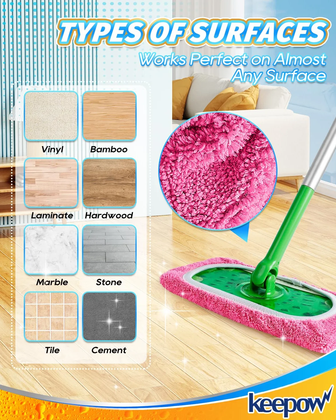 KEEPOW Wielokrotnego użytku na ściereczki do mopu Swiffer - czyste bawełniane ściereczki na mop Swiffer, idealne do Swiffer Wet, do czyszczenia podłóg z drewna twardego, 25,4x11,5cm, 6 sztuk