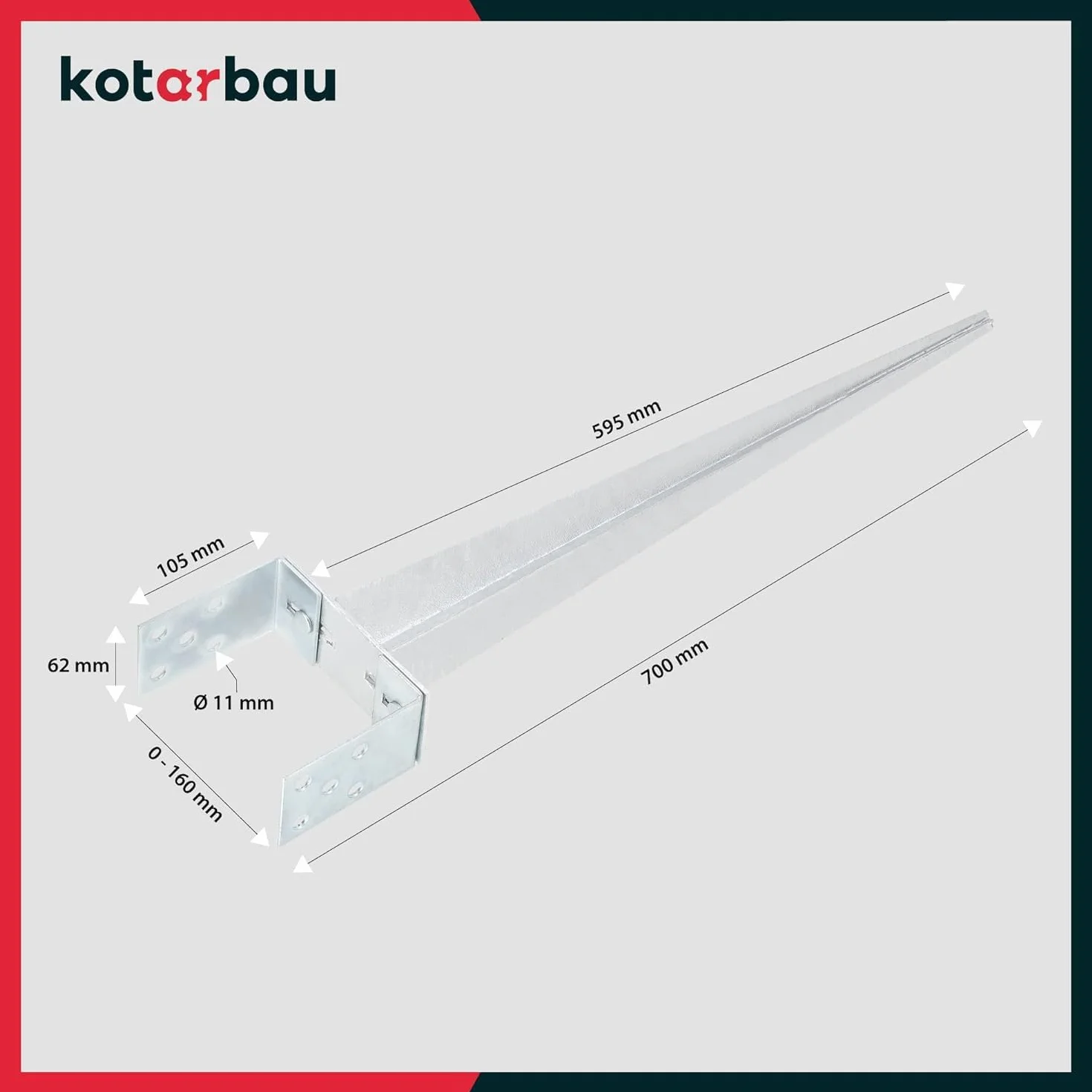 KOTARBAU® Podstawa Słupa Regulowana - 0-160 mm - Podstawa Słupa U - 70 cm - Kotwa Wbijana - Wspornik Słupa Drewnianego - Stalowy