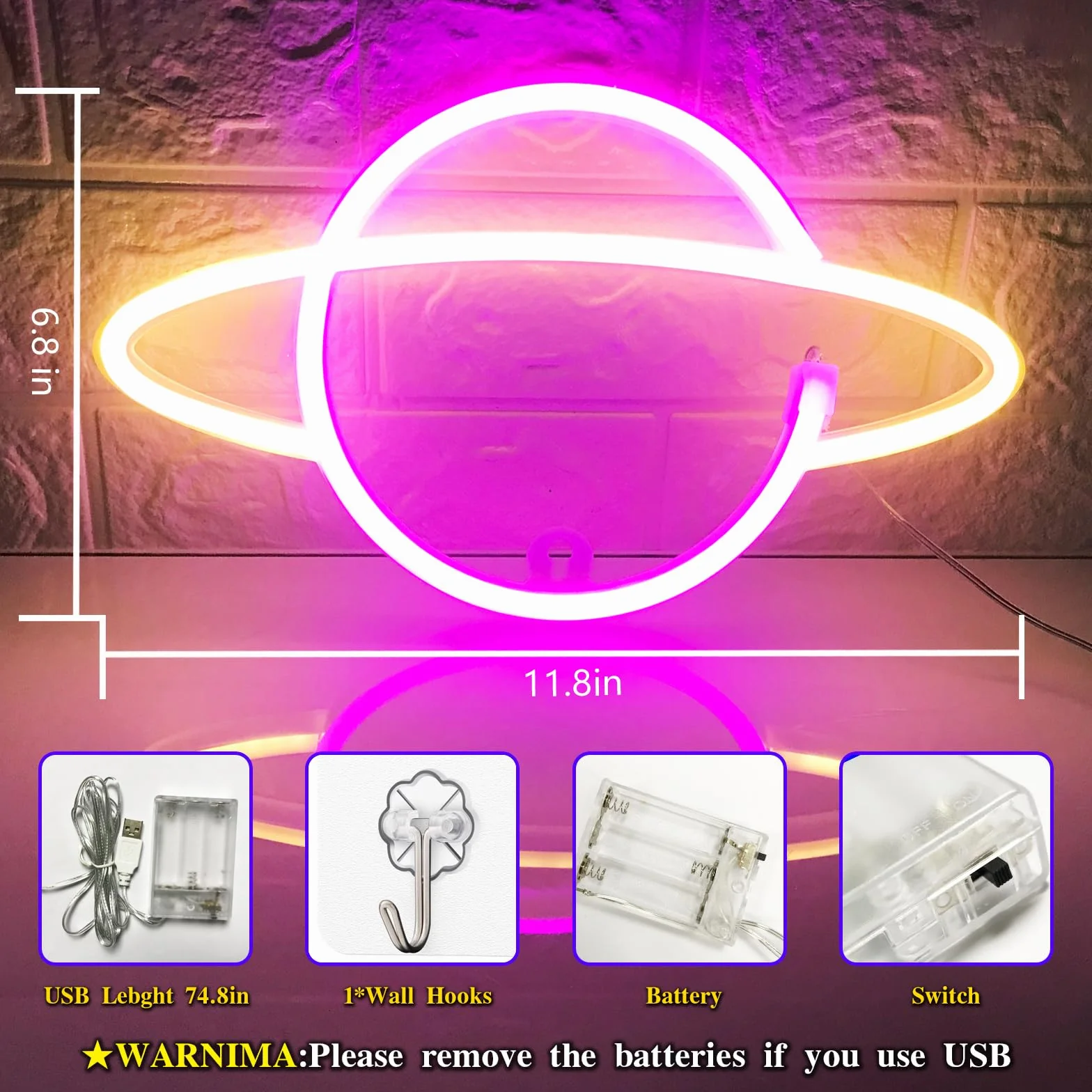 Planet neon znak - USB/bateria Driven LED znak sypialni neonowy znak ścienny dekoracje urodzinowe ślub Boże Narodzenie dekoracja pokoju, różowy + żółty