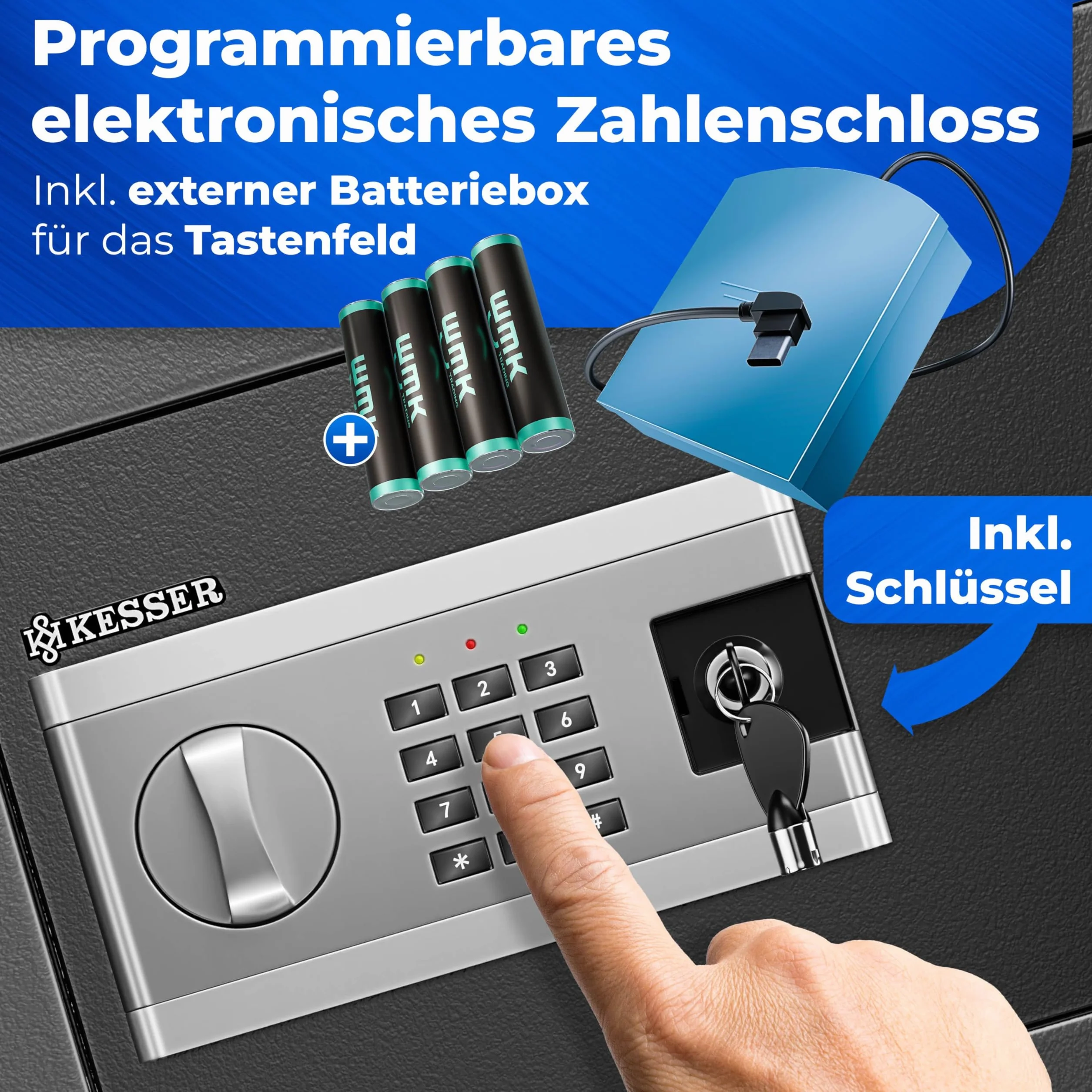 KESSER Elektroniczny sejf cienny | 31 x 20 x 20 cm | 3 x podwjna blokada bolca | owietlenie wewntrzne | szafka pancerna