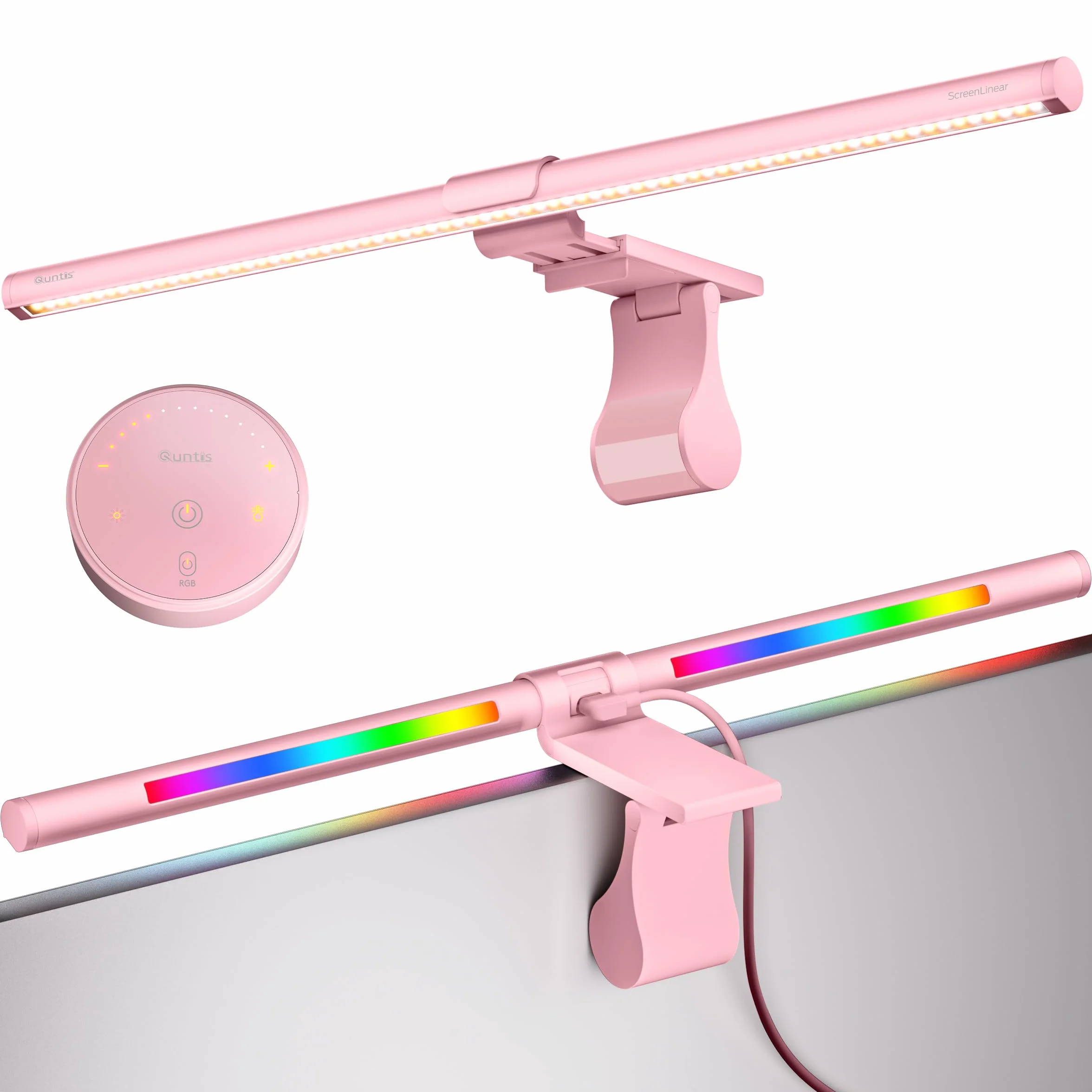 Quntis 51cm różowa listwa oświetleniowa monitora z pilotem i podświetleniem RGB, zakrzywiona lampa monitora komputerowego, regulacja temperatury barwowej i jasności, brak odblasków, ochrona oczu