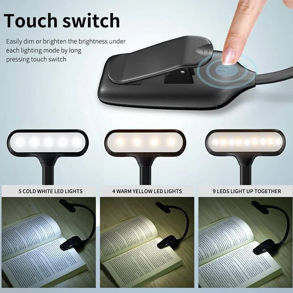 Ładowalna dioda LED USB lampka do czytania lampka do czytania elastyczna lampa do książek ściemniacz klips stołowy lampa biurkowa przenośna lampka z klipsem
