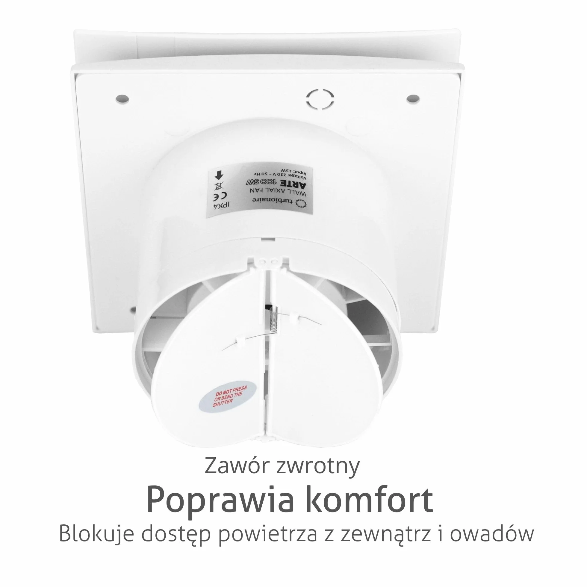 Turbionaire Arte 100 SW wentylator łazienkowy 100 mm, 80 m³/h, Biały, Minimalistyczny design, Cicha, Ochrona przed przeciągiem, Osysanie obwodowe, Ochrona IPX4