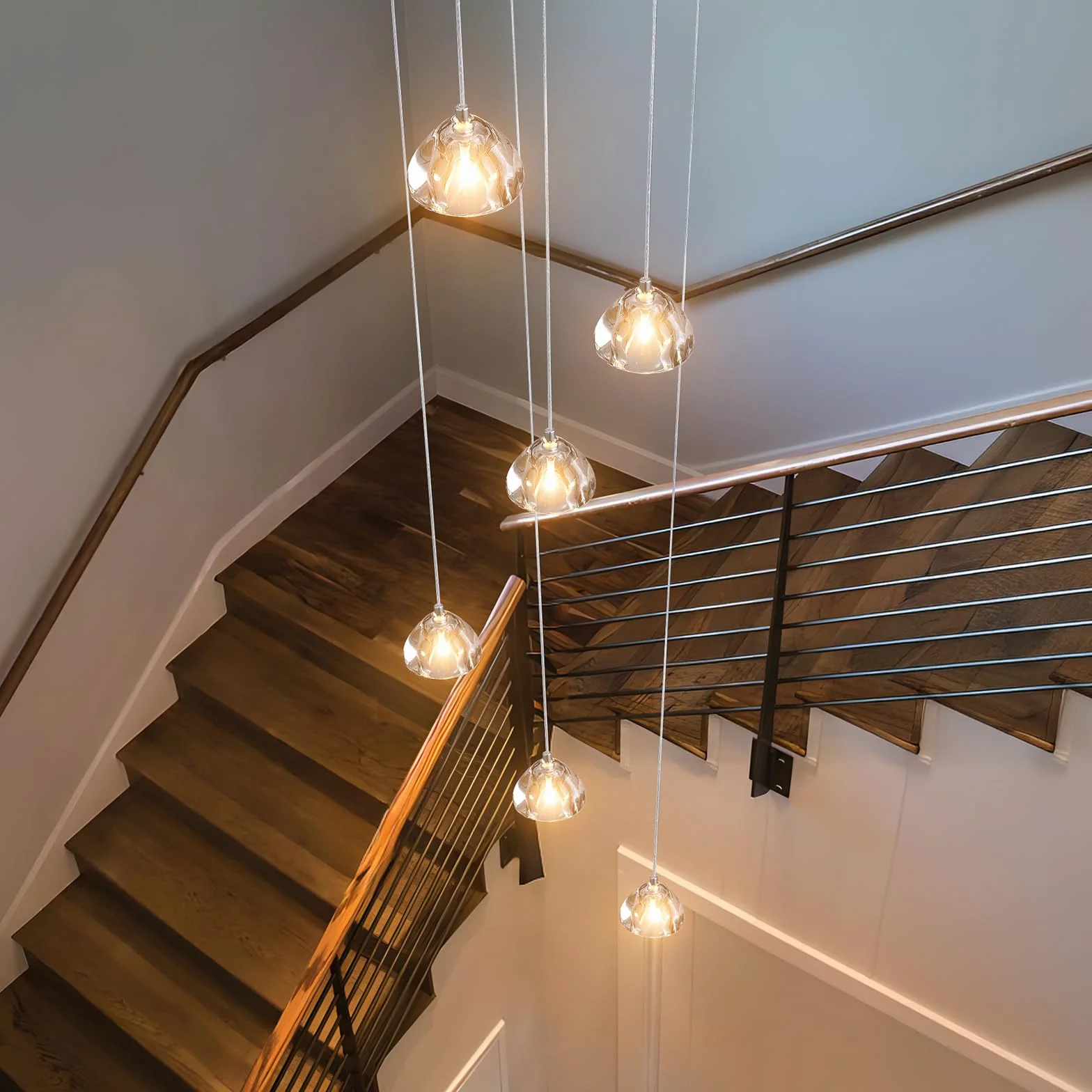 H.W.S Nowoczesna lampa wisząca LED, żyrandol Villa, regulowana wysokość, lampa wisząca szkło, do salonu, jadalni, przedpokoju, schodów, hotelu (6-punktowa, Okrągła, Chrom)
