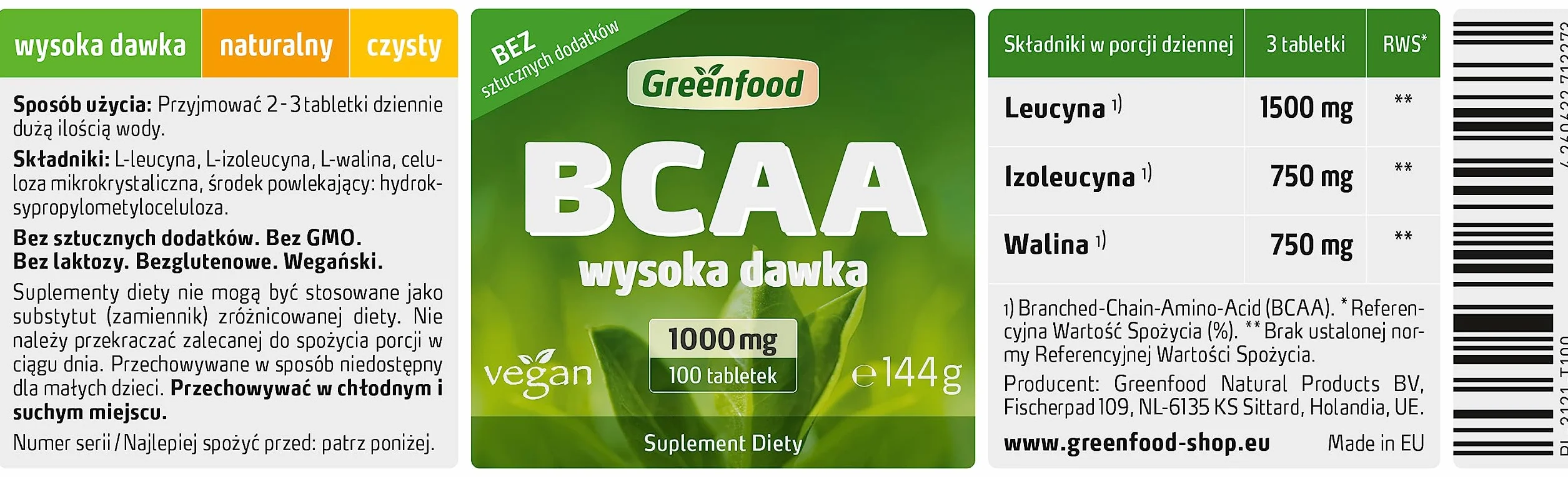 Greenfood BCAA 1000 mg 100 tabletek wegańskie