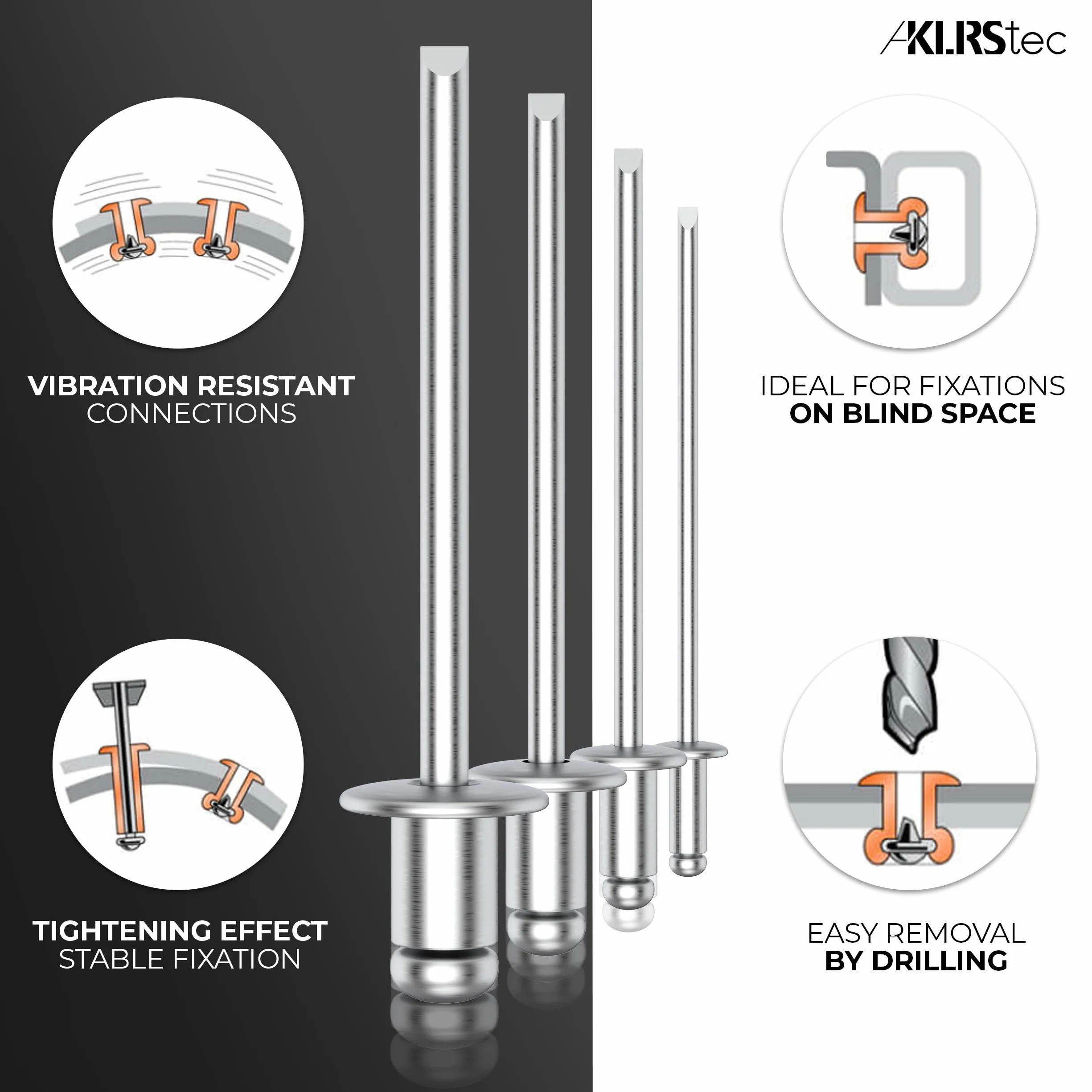 KLRStec Professional Zestaw śrub wkrętnych [500szt.] Aluminium/stalowe śruby wkręcane zestaw do nitownic 125szt. każdej wielkości (2,4mm, 3,2mm, 4,0mm i 4,8mm)