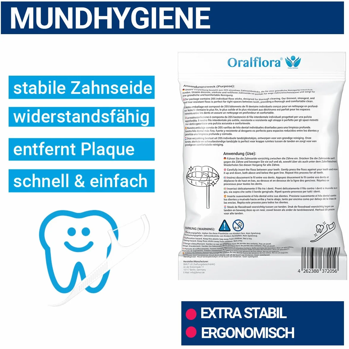 205 x patyczki z nicią dentystyczną – Dental Floss Picks – Oralflora – czyszczenie przestrzeni międzyzębowej do pielęgnacji zębów i zdrowych dziąseł i zębów trzonowych – 2 w 1 z wykałaczką na uchwycie