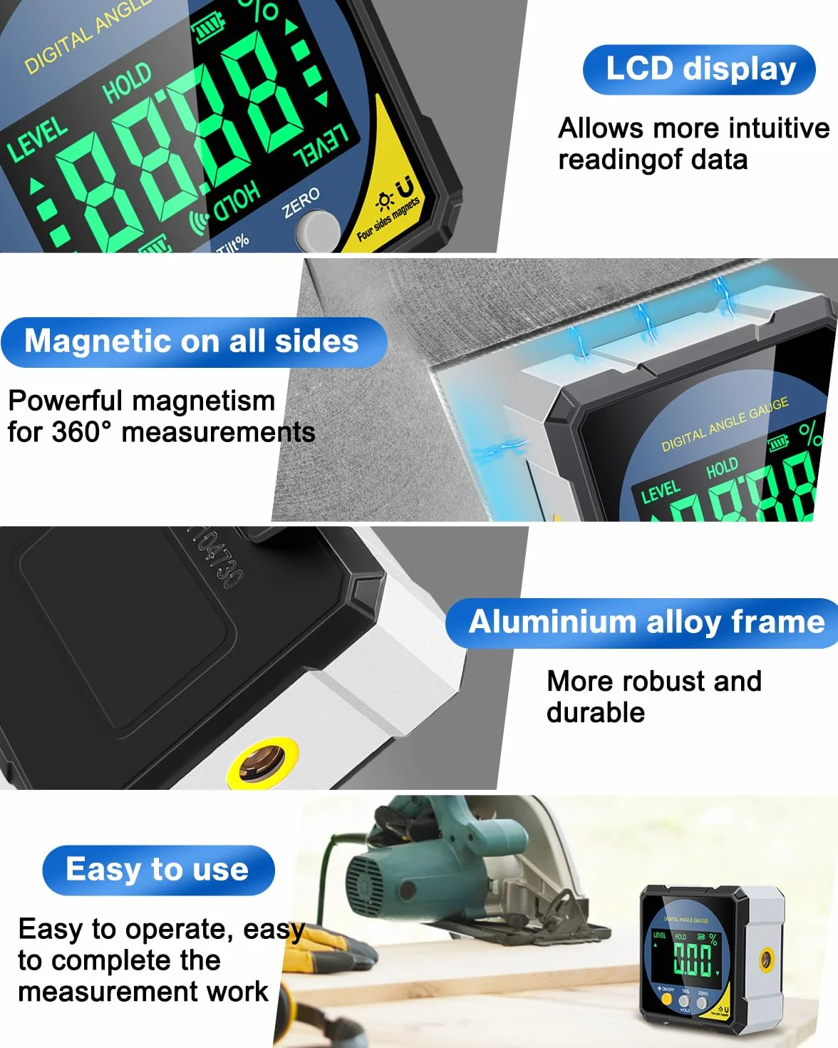 Lytool Cyfrowy kątomierz laserowy z magnesem i wyświetlaczem LCD, Type-C, do drewna i budownictwa
