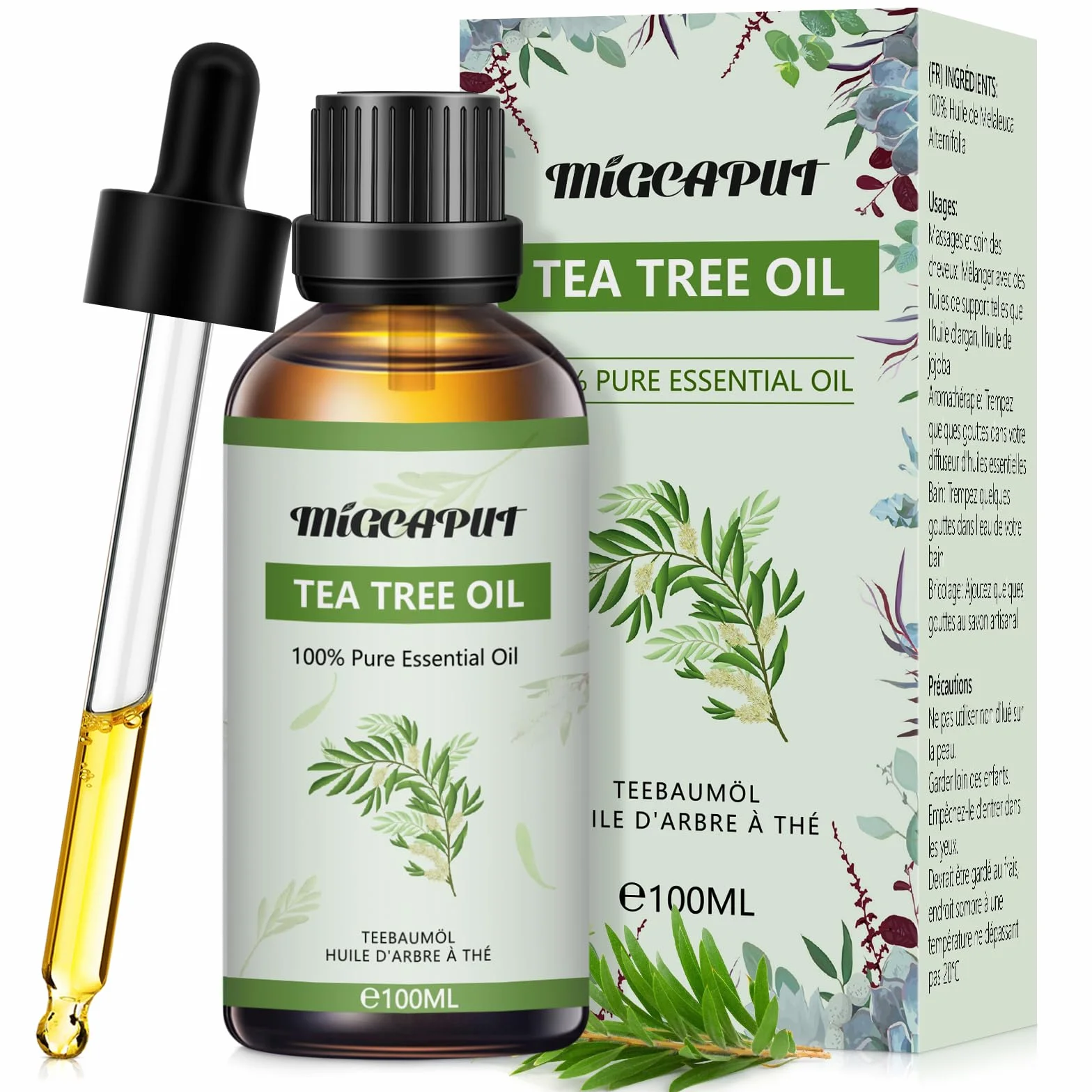 MIGCAPUT Olejek Eteryczny z Drzewa Herbacianego 100ML, 100% Naturalny Olejek z Drzewa Herbacianego, Olejki Eteryczne do Pielęgnacji Twarzy, Skóry i Włosów, Przeciwtrądzikowe, Sterylizacja