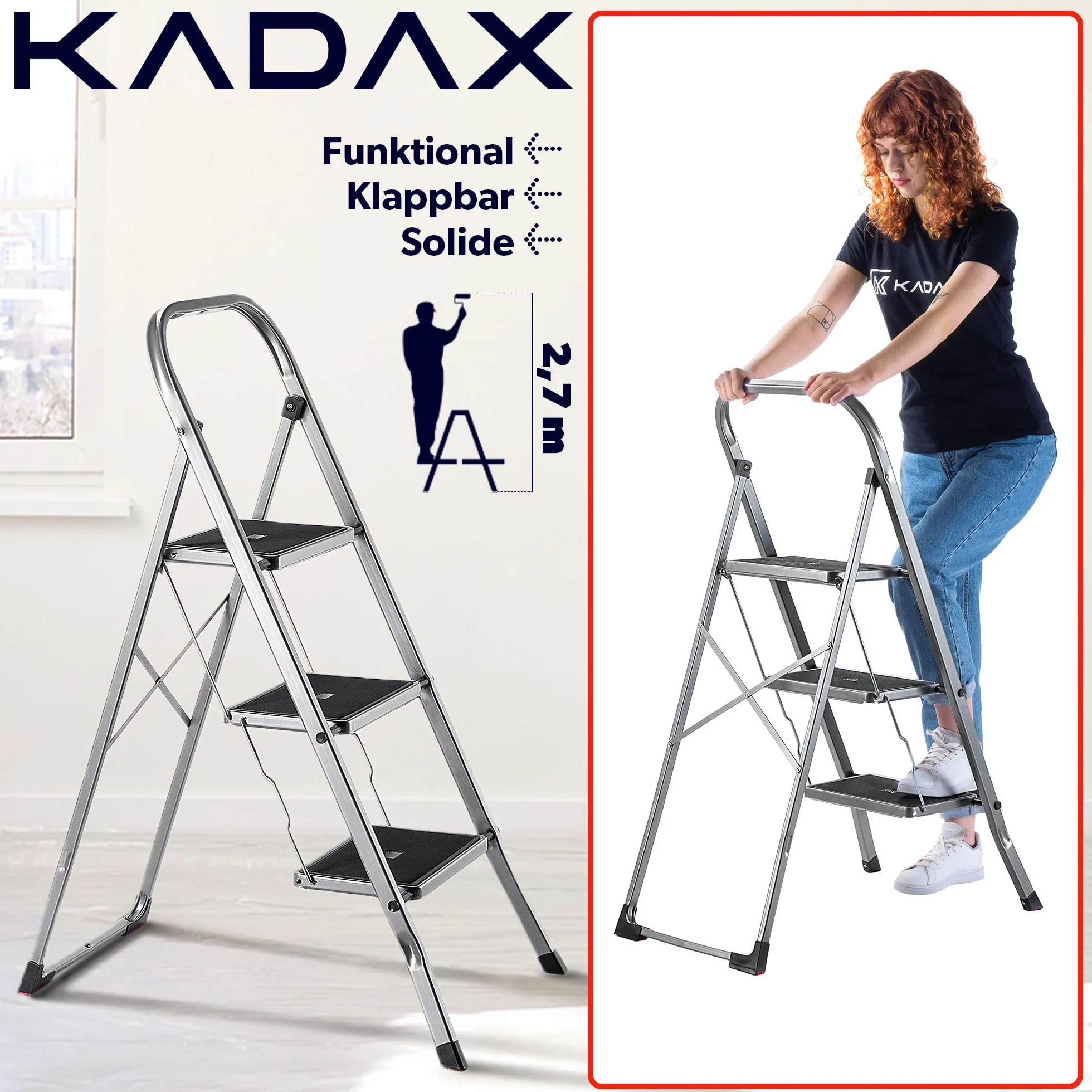 KADAX Drabina stalowa 3‑stopniowa z poręczą, antypoślizgowe stopnie, udźwig 150 kg, składana konstrukcja, pewne sięganie na wysokość w domu i warsztacie