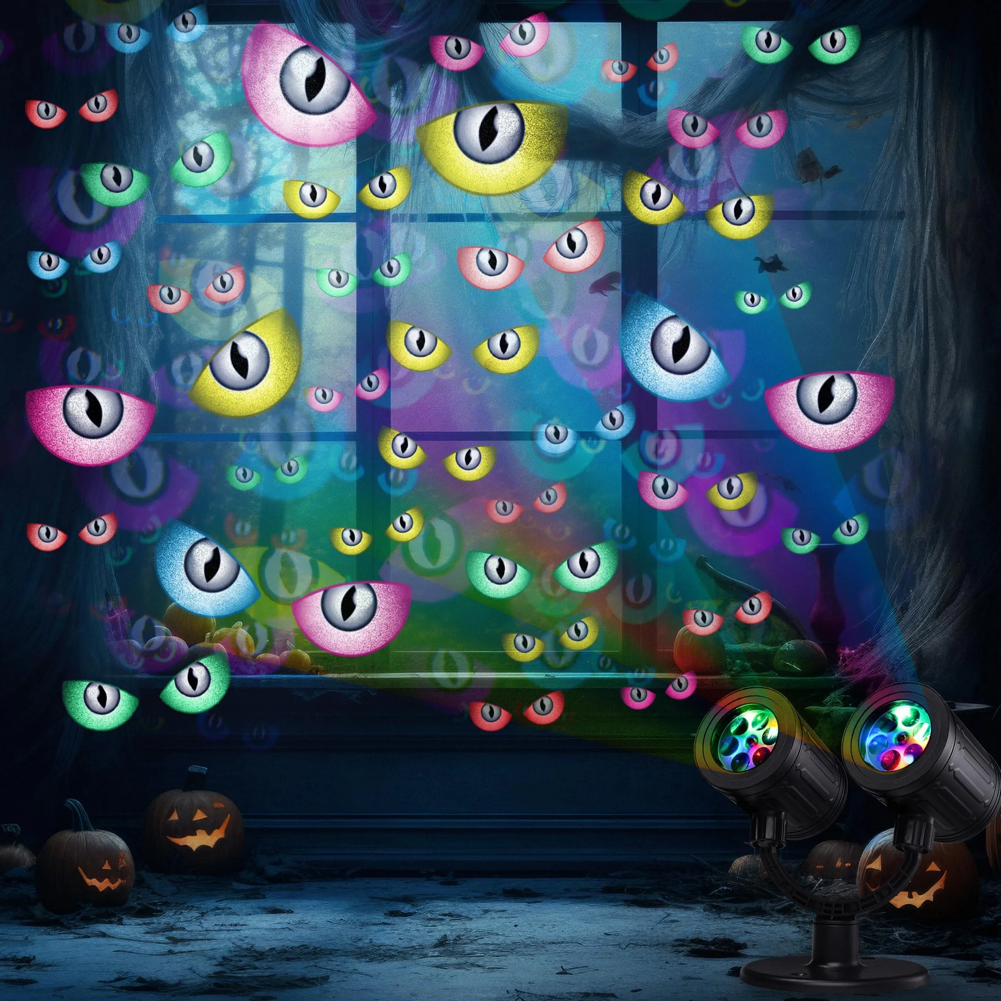 iShabao Dekoracja na Halloween, do użytku na zewnątrz, podwójna głowica, dynamiczny projektor Halloween z timerem, wodoszczelna lampa projekcyjna LED z oczami duchów, do ogrodu, na okno, ścianę