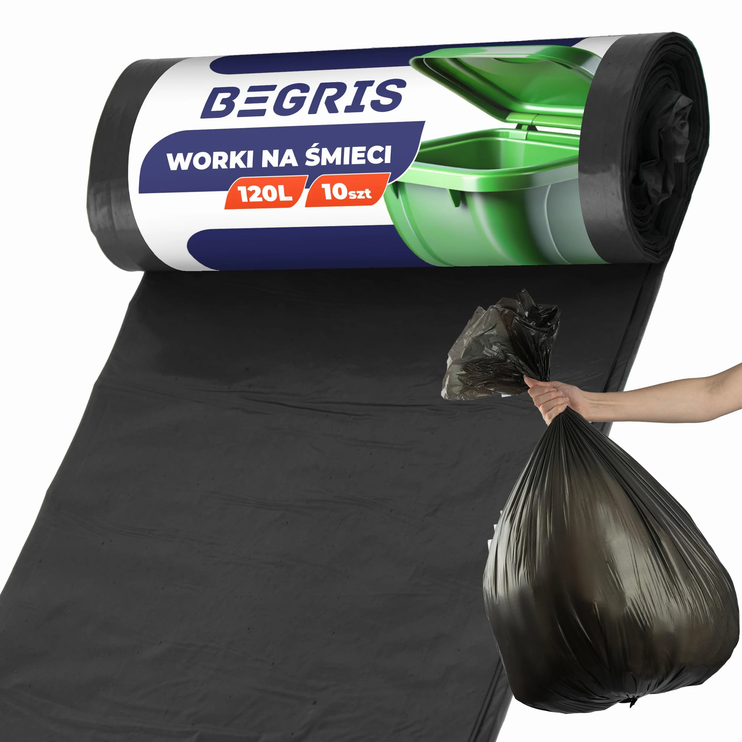 Worki na Śmieci Bardzo Mocne 120L Rolka 10 szt Wytrzymałe Materiał LDPE w Rulonie do Pracy, Domu, Garażu Neutralizujące Zapach