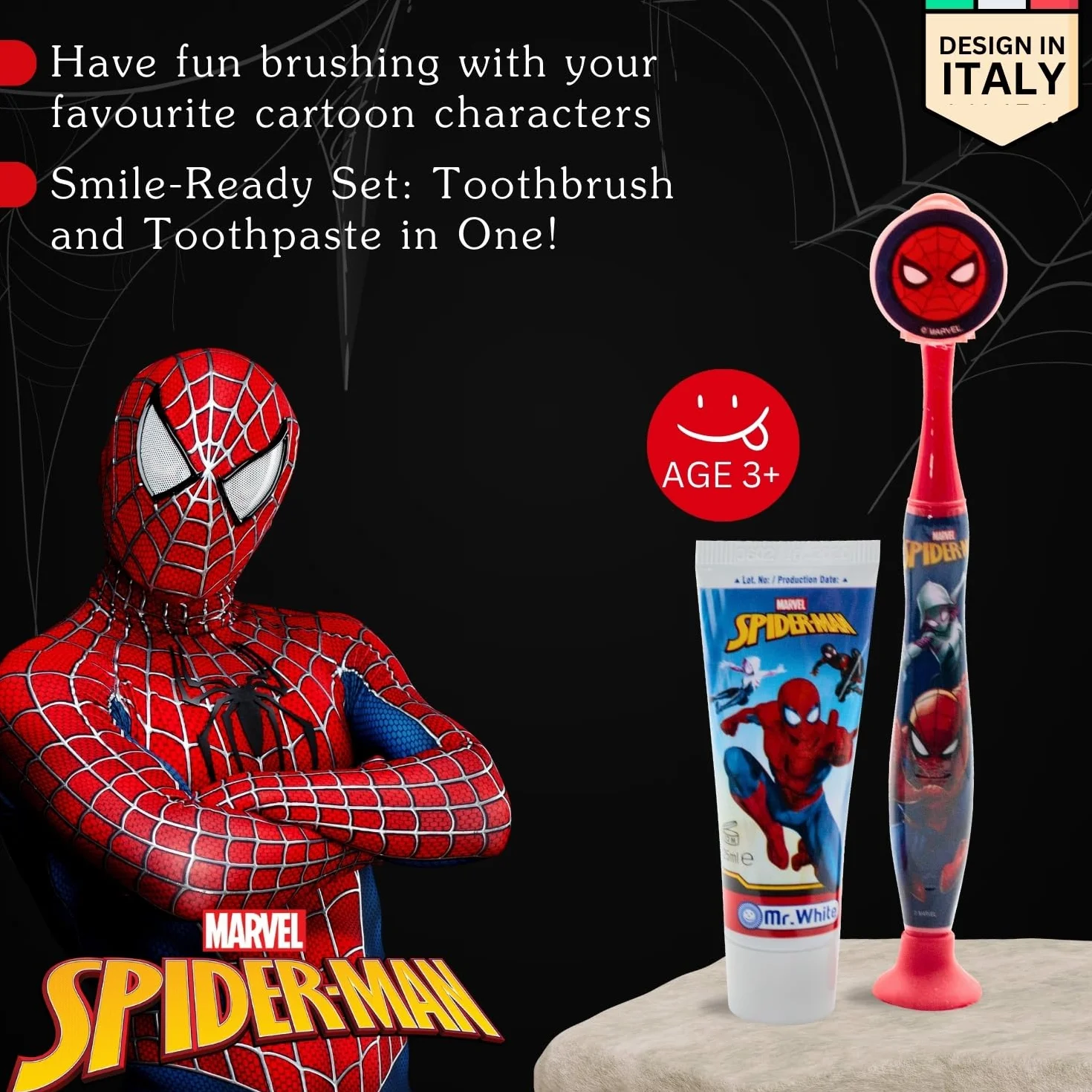 Mr.White Spider-Man zestaw podróżny dla dzieci – zestaw 3 przyborów toaletowych w rozmiarze podróżnym, zawiera szczoteczkę do zębów dla dzieci, pastę do zębów dla dzieci 25 ml i czapkę podróżną – podróżny zestaw dentystyczny dla dzieci