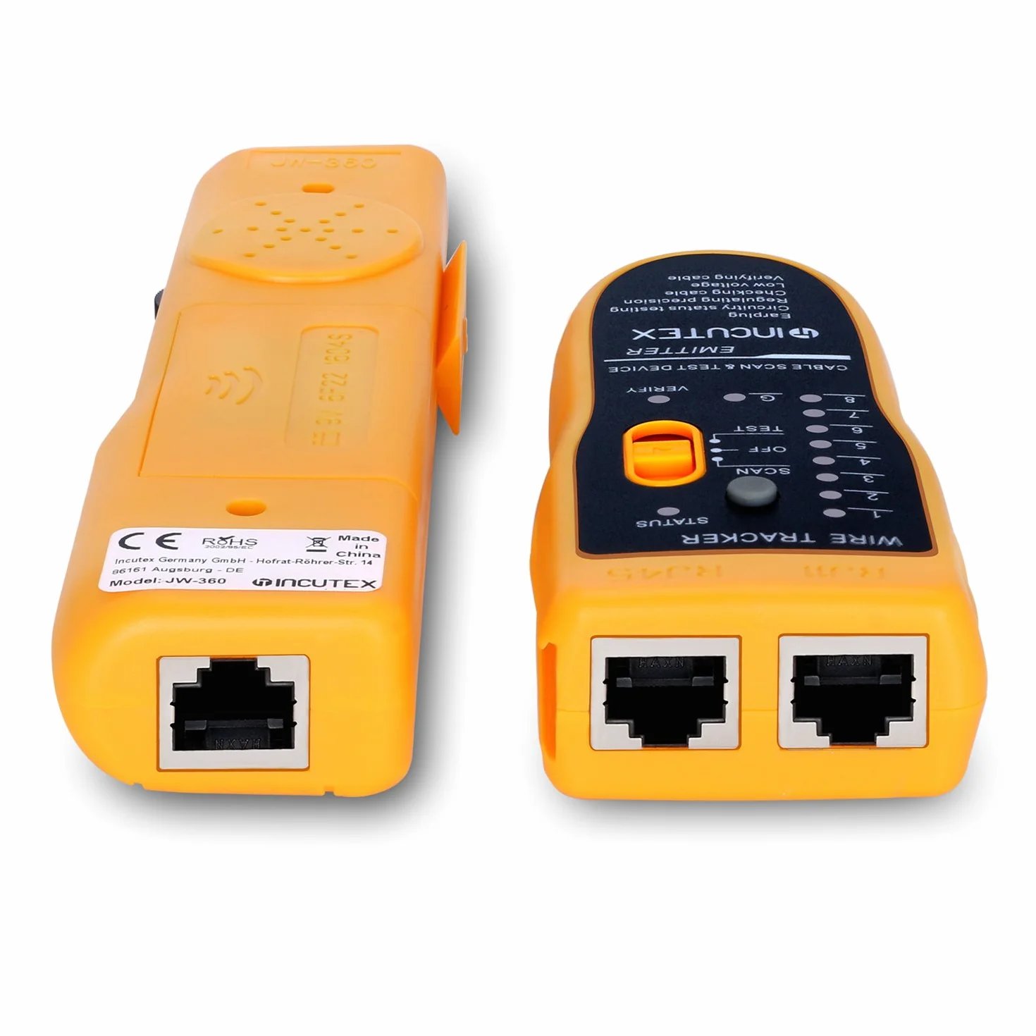 Incutex Tester ciągłości obwodów elektrycznych, LAN RJ45/RJ11, kable telefoniczne Cat5 Cat6 Ethernet, lokalizator kable sieciowe lub zasilające z diodą LED i słuchawkami, baterie w zestawie