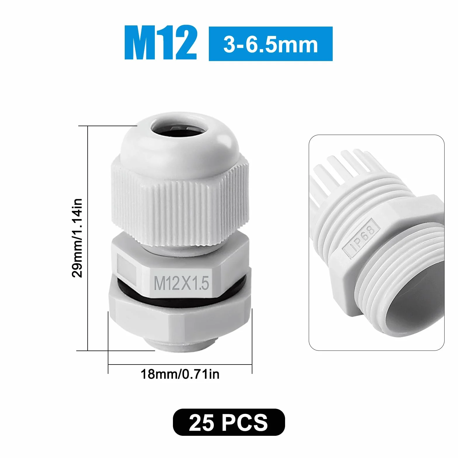 25 Sztuk M12 Dławików Kablowych, Nylonowy Wodoodporny Dławik Kablowy IP68 do Kabli 3-6.5 mm, Biały