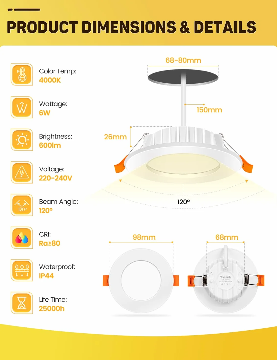 Reflektor LED do zabudowy 230V 6W IP44 4000K 600lm 68-80mm Ø zestaw 6 sztuk