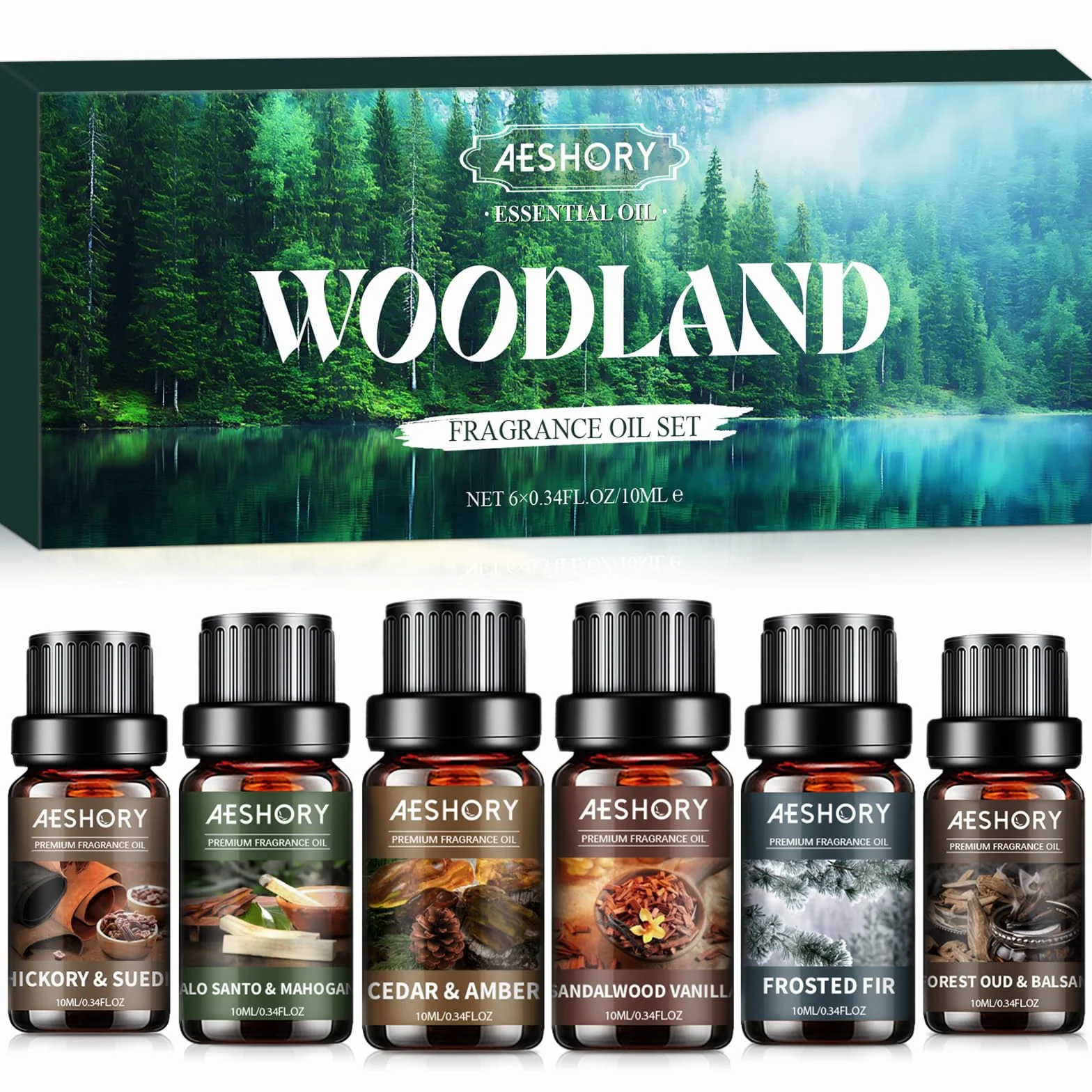 Aeshory 6 x 10 ml Seria Leśna Zestaw Olejków Eterycznych, Naturalne Olejki Zapachowe Do Dyfuzora – Hikora I Zamsz, Drzewo Sandałowe I Wanilia, Oszroniona Jodła, Palo Santo I Mahoń, Cedr I Bursztyn