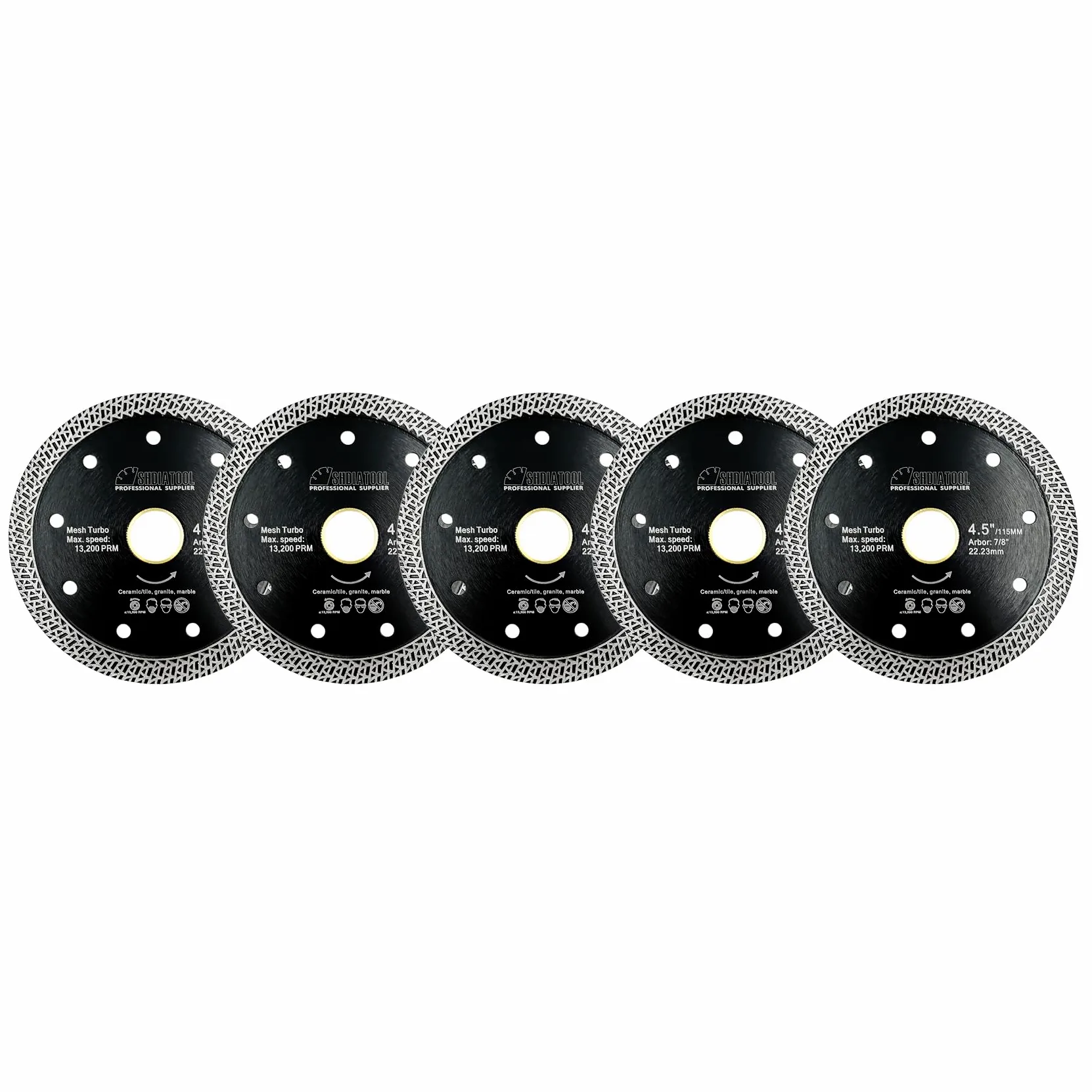 SHDIATOOL Diamentowa porcelanowa tarcza piły 5 szt. średnica 115 mm z siatką turbo segment cięcia płytki ceramiczne granit marmur (siatka 4,5 cala)