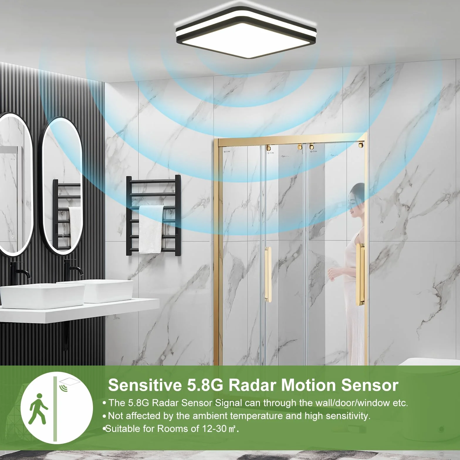 LEZOE IP65, wodoodporna lampa sufitowa LED z czujnikiem ruchu, 18 W, 2700 lm, 150Lm / W, 3000K, 4000K, 6500K, idealna do łazienki, garażu, schodów, piwnicy, korytarza, balkonu, 22 x 22 cm szary