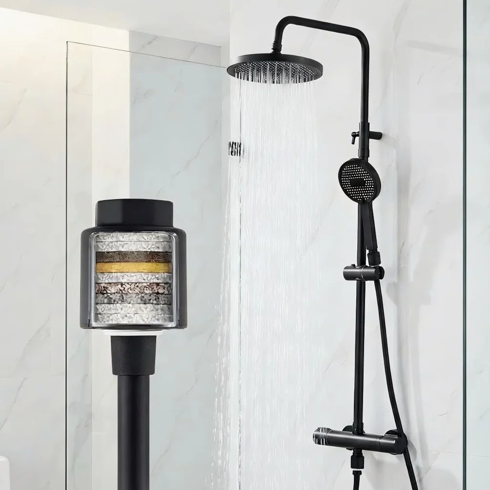 HOMELODY System prysznicowy z termostatem, czarna, kompletny zestaw z filtrem, 25 cm, deszczownica i słuchawka prysznicowa, 3 rodzaje strumienia, słuchawka prysznicowa, zestaw prysznicowy do łazienki