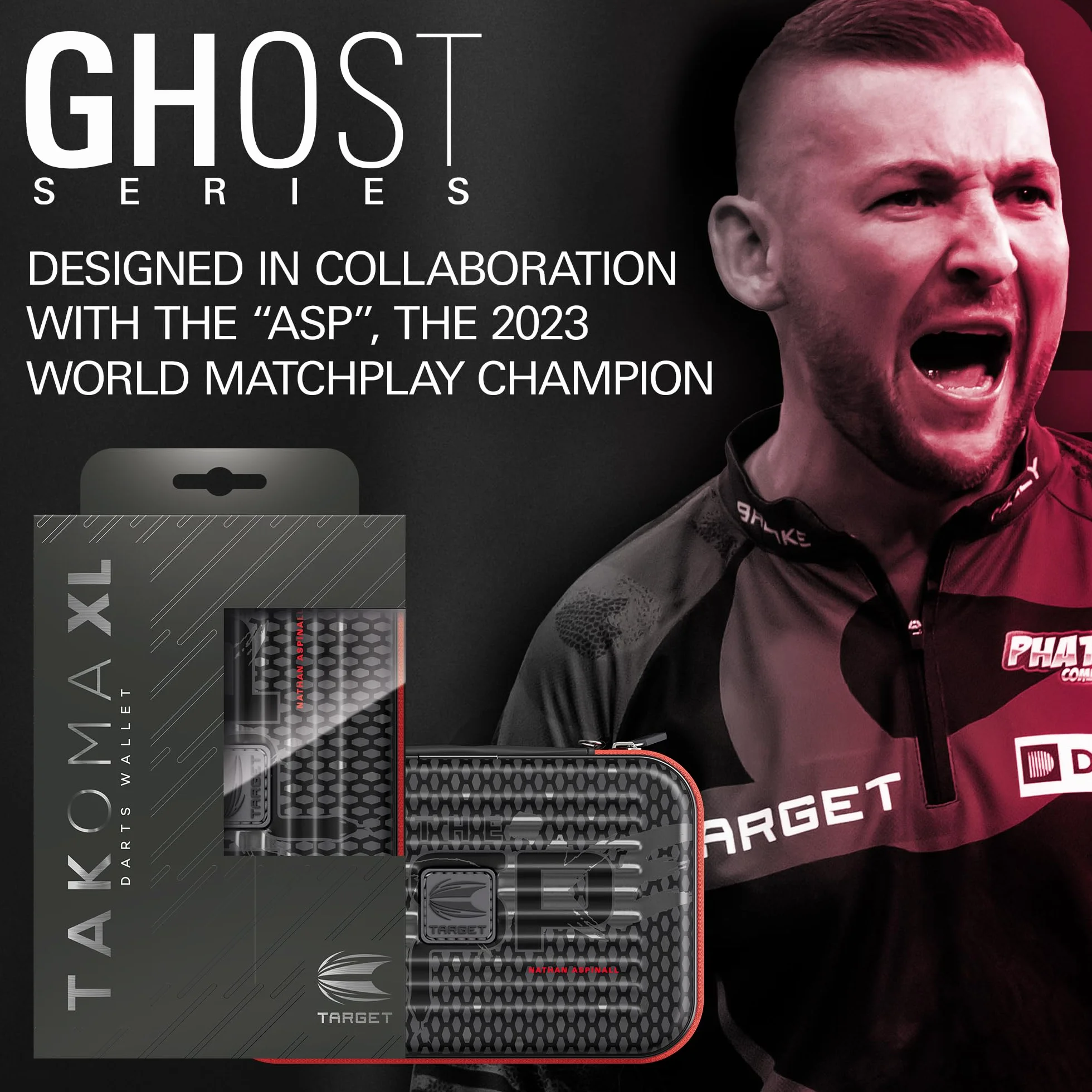 Target Darts Nathan Aspinall Ghost Series XL Takoma Wallet – “The Asp” profesjonalne etui na 6 zmontowanych rzutek, zamek błyskawiczny, trwałe czarno-białe akcesoria do przechowywania.