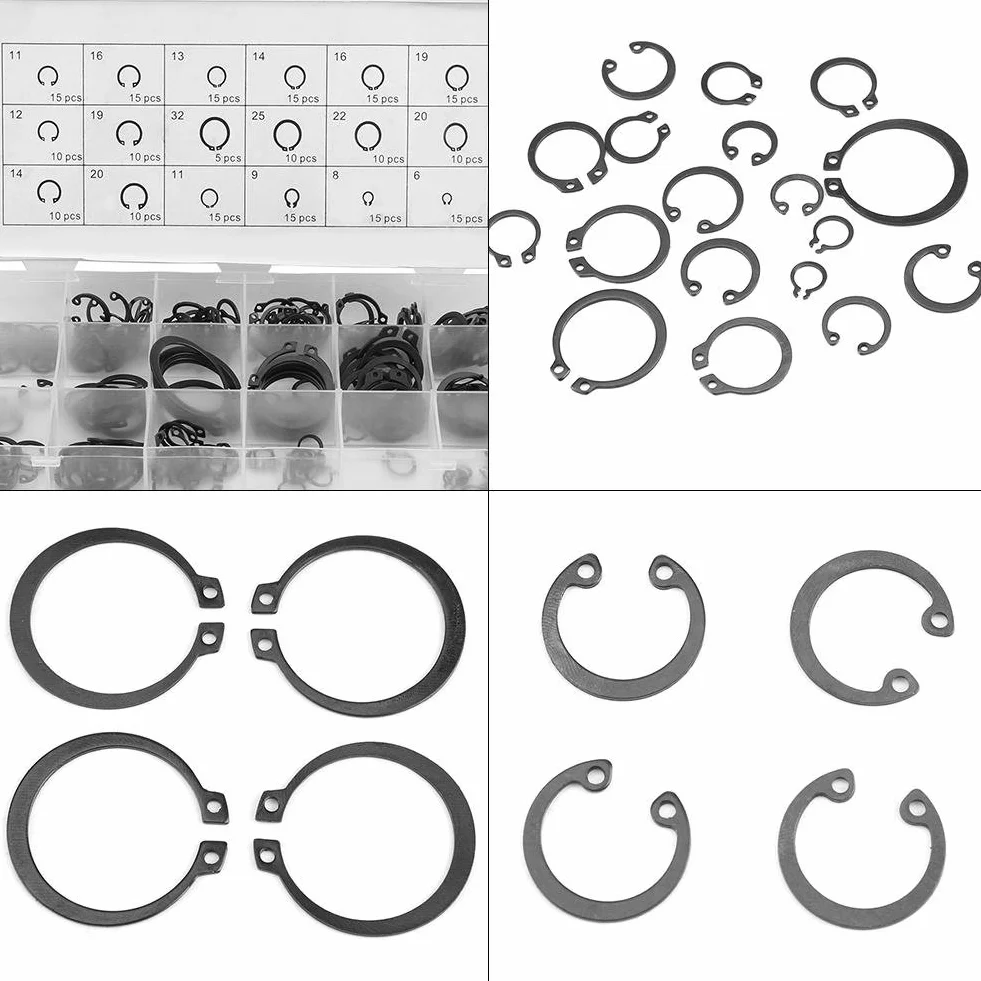 225 szt. C-Clip Snap Ring Shop Asortyment 18 rozmiarów wewnętrzny i zewnętrzny metalowy pierścień zabezpieczający zatrzask asortyment spinek zabezpieczających z pudełkiem.