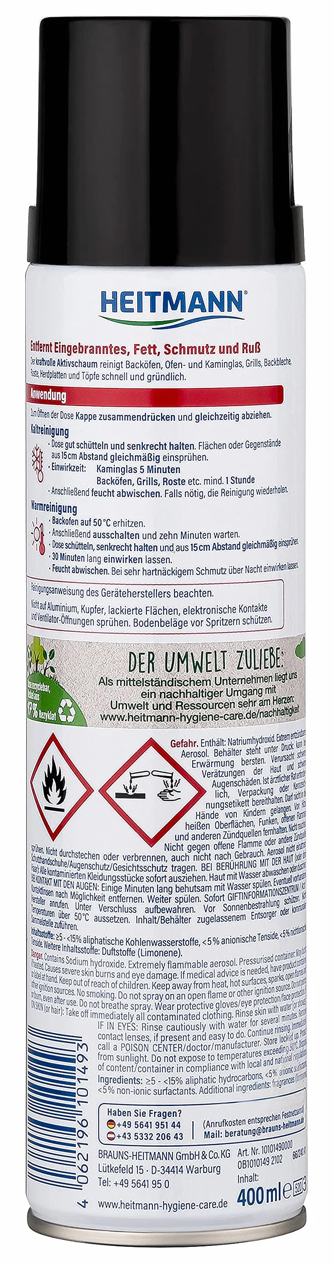 HEITMANN Środek do czyszczenia piekarnika, grilla i szkła kominkowego | silne czyszczenie uporczywych zabrudzeń | Skuteczny przeciwko tłuszczowi, wypalonemu i sadzy | Zastosowanie w zimnym i ciepłym