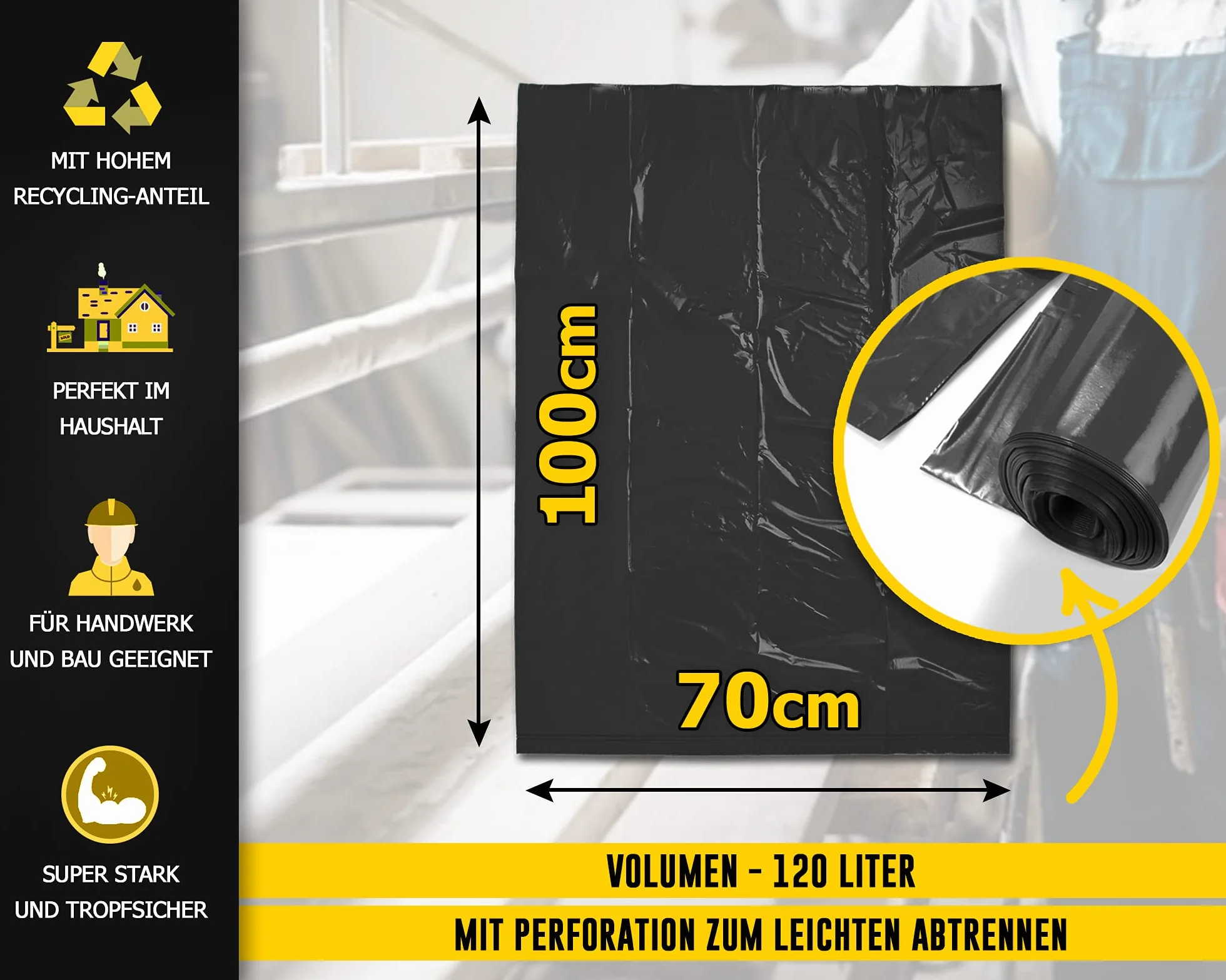 Niemieckie worki na śmieci 120 l, czarne, wyjątkowo odporne na rozdarcie, 25 worków na śmieci, worek na śmieci XXL, typ 100, 120 l, 70 µ, 700 x 1100 mm, LDPE, duży worek na śmieci