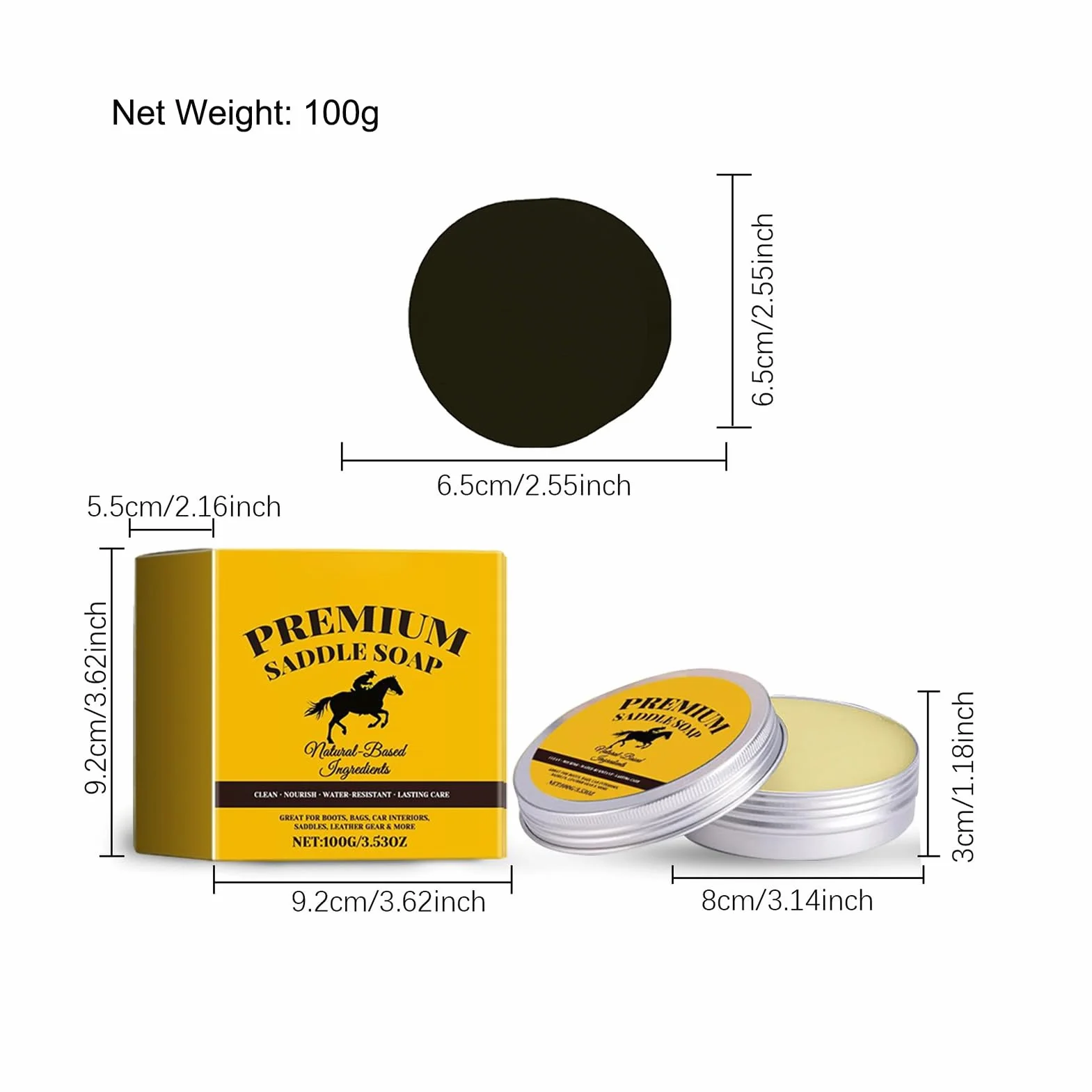 Mydło Siodłowe - 100 g Środek do Polerowania i Odnawiania | Czyścik Do Butów Skórzanych Z Gąbką | Do Wnętrza Samochodu, Siodła, Obuwia, Siedzenia, Torebek, Torby, Mebli, Sofy,