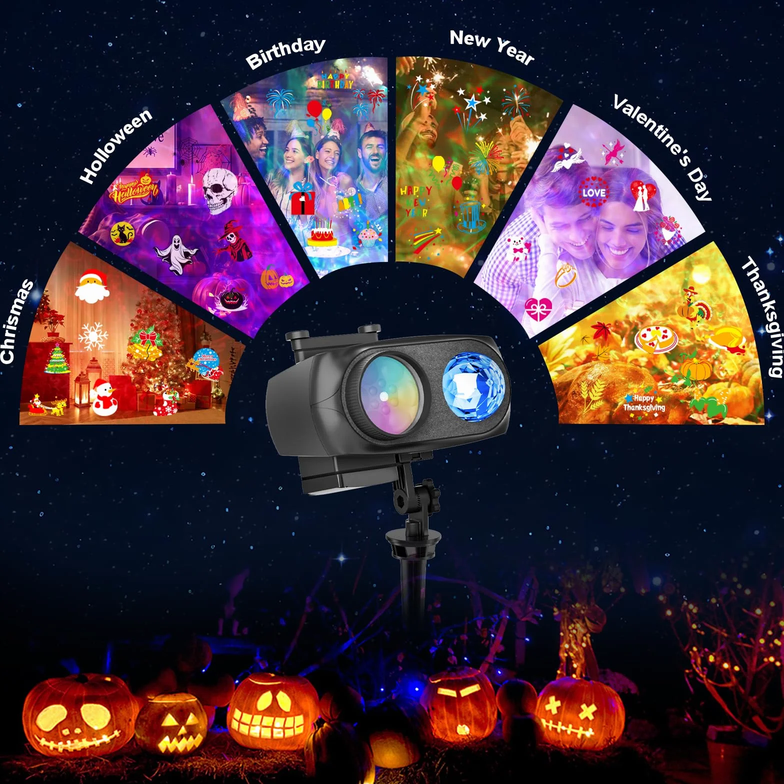 Projektor Holograficzny 2w1 Halloween 12 Slajdów 8 Wzorów 10 Kolorów Efekt Fali Wodoodporna Lampa Timer Dekoracja Okienna