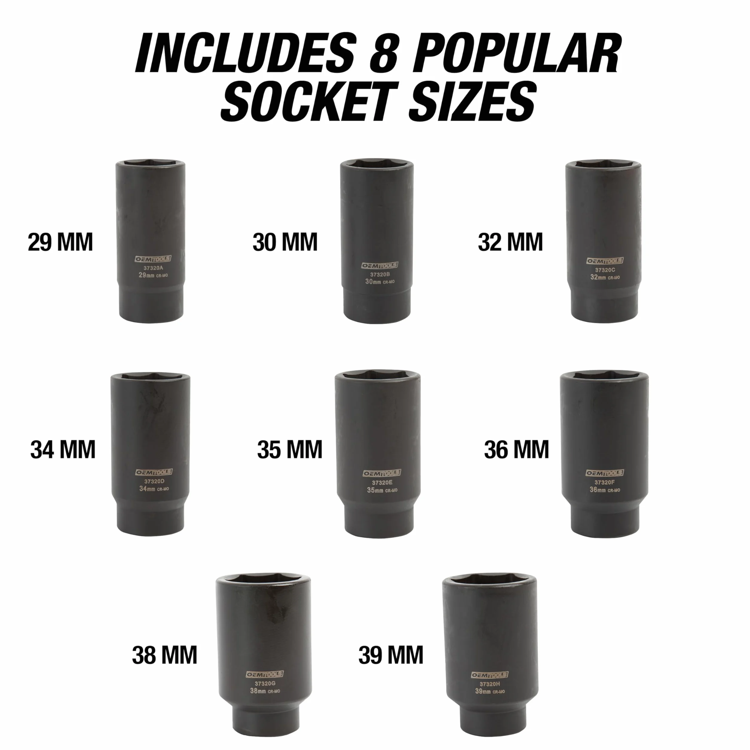 OEMTOOLS 8-częściowy zestaw nasadek do osi napędowej 1/2 cala, zestaw 12-punktowy, 29 mm, 30 mm, 32 mm, 34 mm, 35 mm, 36 mm, 38 mm i 39 mm, z etui