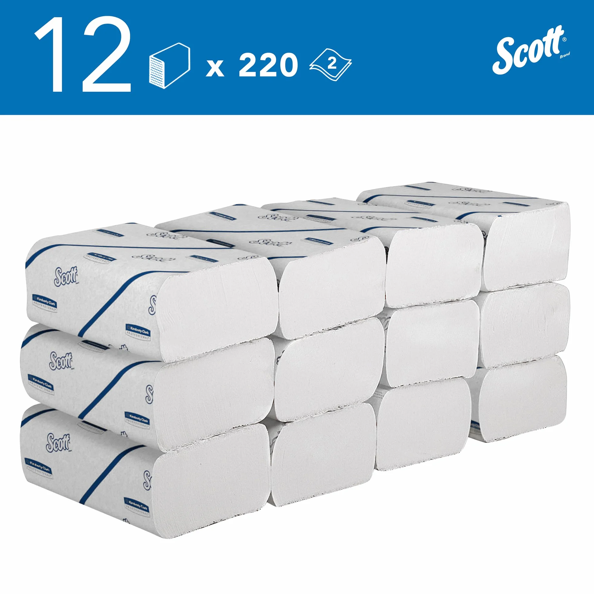 Scott Essential Ręczniki 6603 – wąskie składane ręczniki papierowe, 12 pakietów x 220 białych ręczników papierowych (łącznie 2640 sztuk)