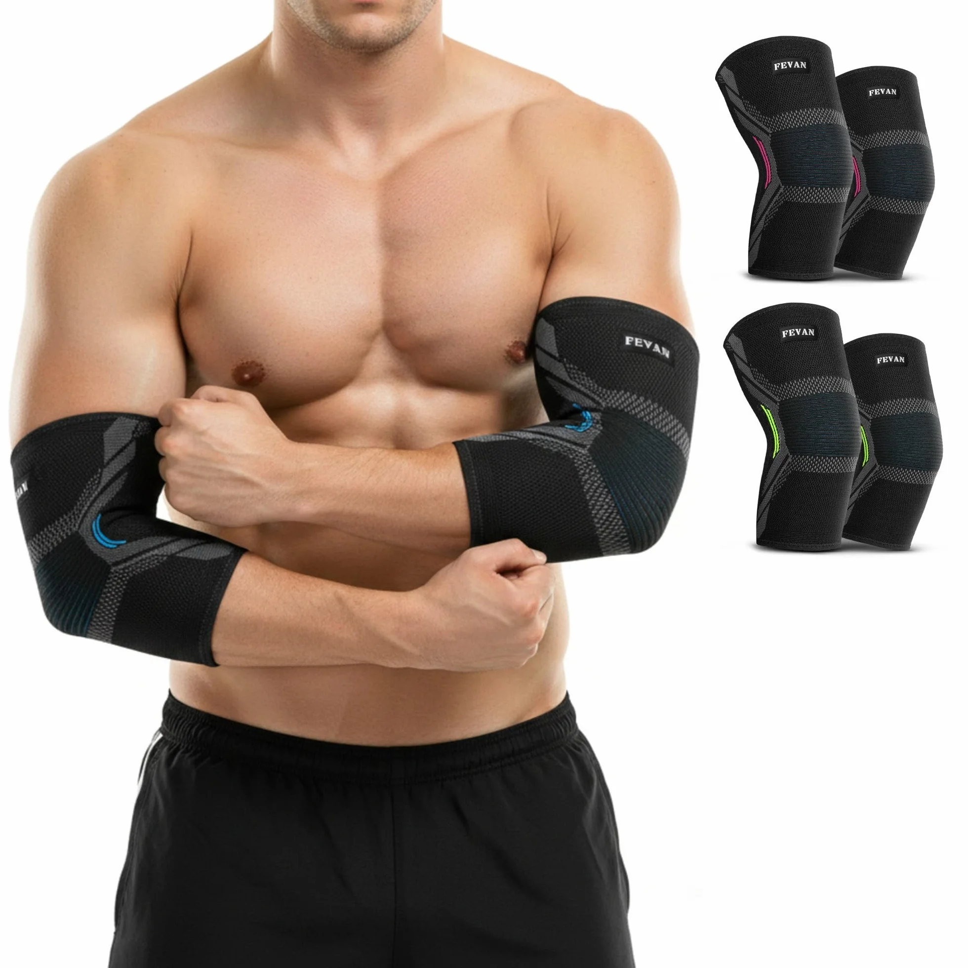 FEVAN 2 x ochraniacze na łokcie kompresyjne na zapalenie nadkłykcia i zapalenie ścięgna, dla mężczyzn i kobiet, sportowe ochraniacze na łokieć tenisa, crossfit, łokieć golfisty (niebieski, XL)