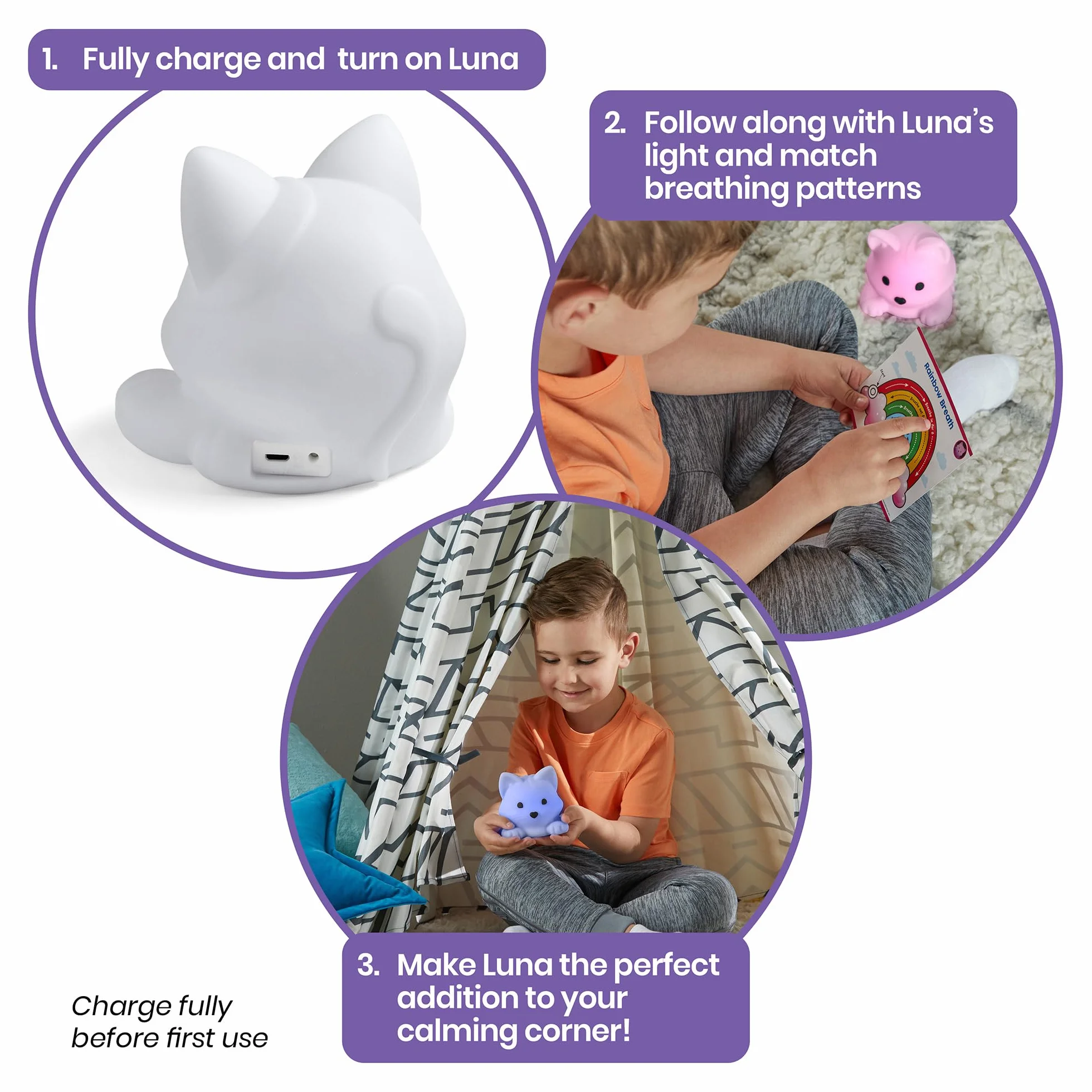 Learning Resources Kotek Luna The Calming Kitty, Nauka głębokiego oddychania, Lampka nocna w kształcie zwierzątka z możliwością ładowania, Łagodzenie lęku u dzieci, Uważność dla dzieci, 3+