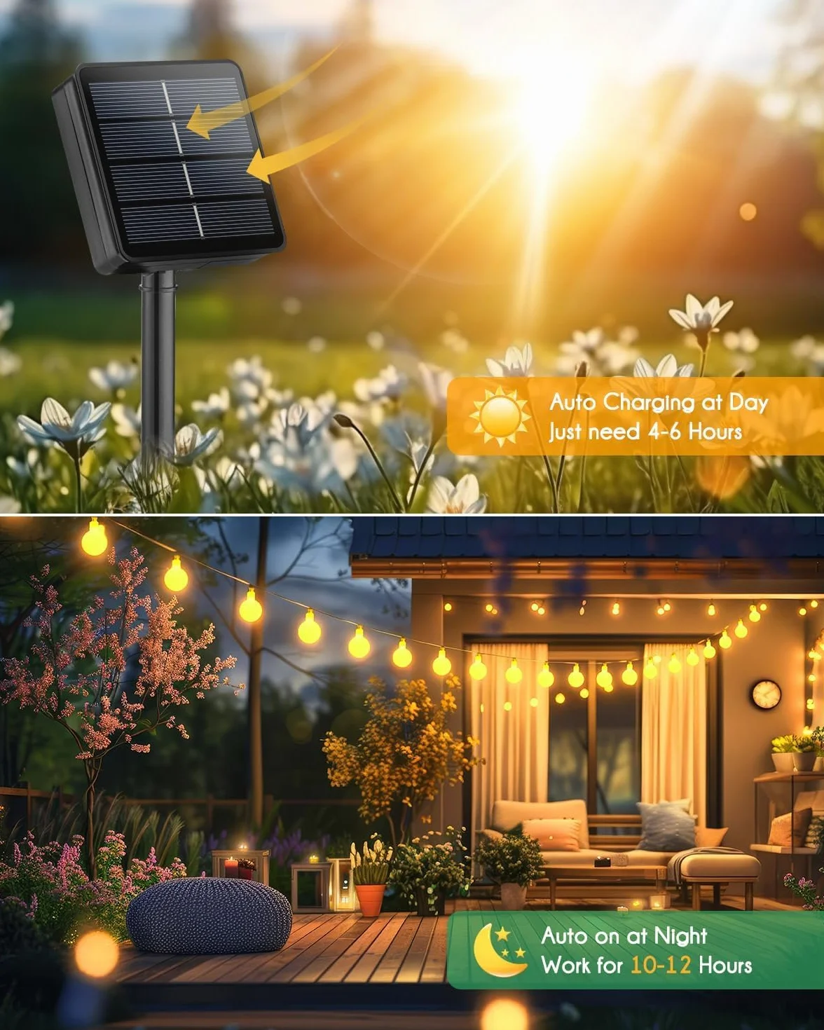 Solarne lampy ogrodowe na zewnątrz, 12 m, 100 diod LED, łańcuch świetlny z 8 trybami, dekoracja na podwórko, kemping, pawilon, imprezę, wesele, werandę, ciepła biel