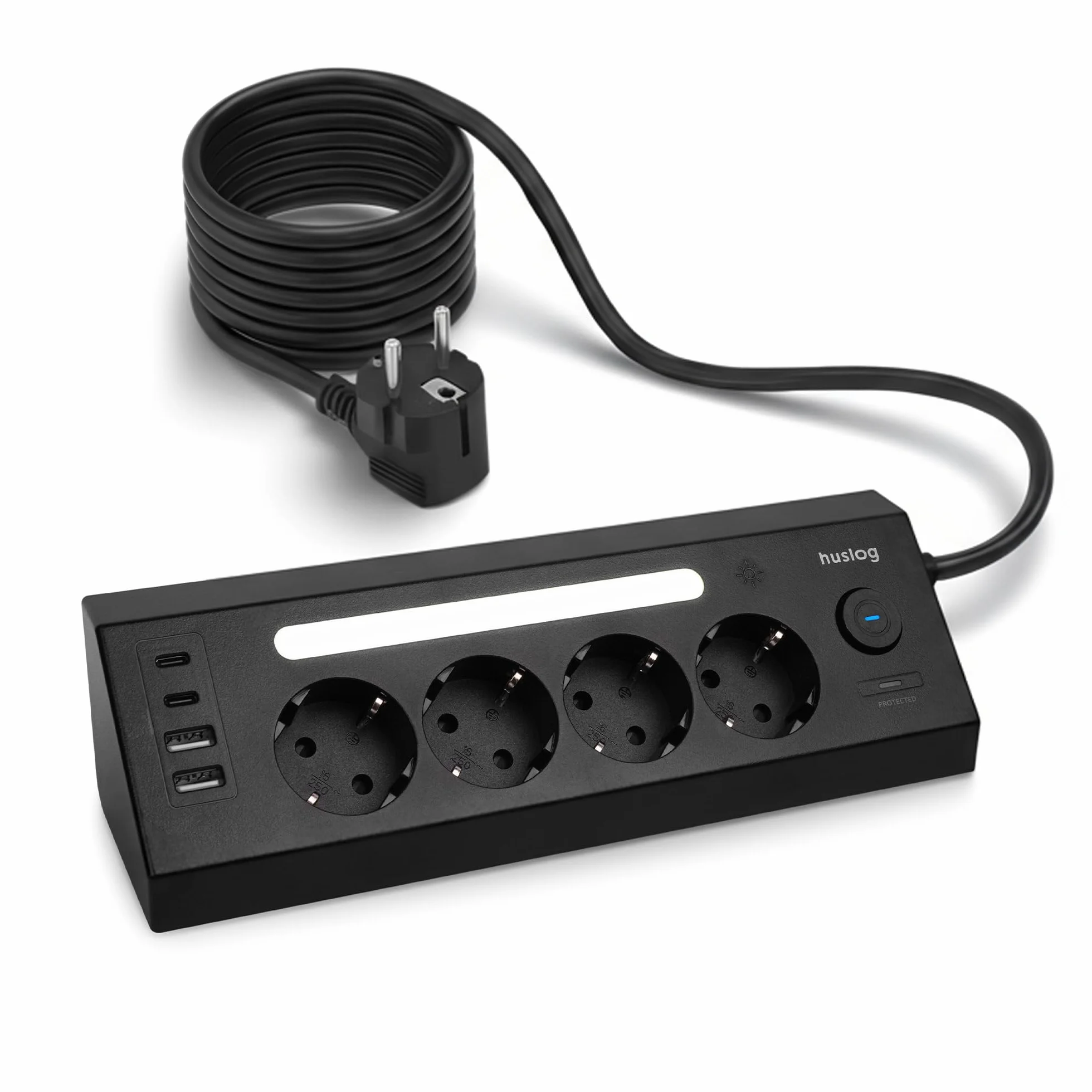 Listwa zasilająca z 4 gniazdami Schuko, 4 porty USB (2 × USB-C i 2 × USB-A), lampka nocna LED, ochrona przed przepięciem, 3680 W, gniazdo wielokrotne z przełącznikiem, możliwość montażu na