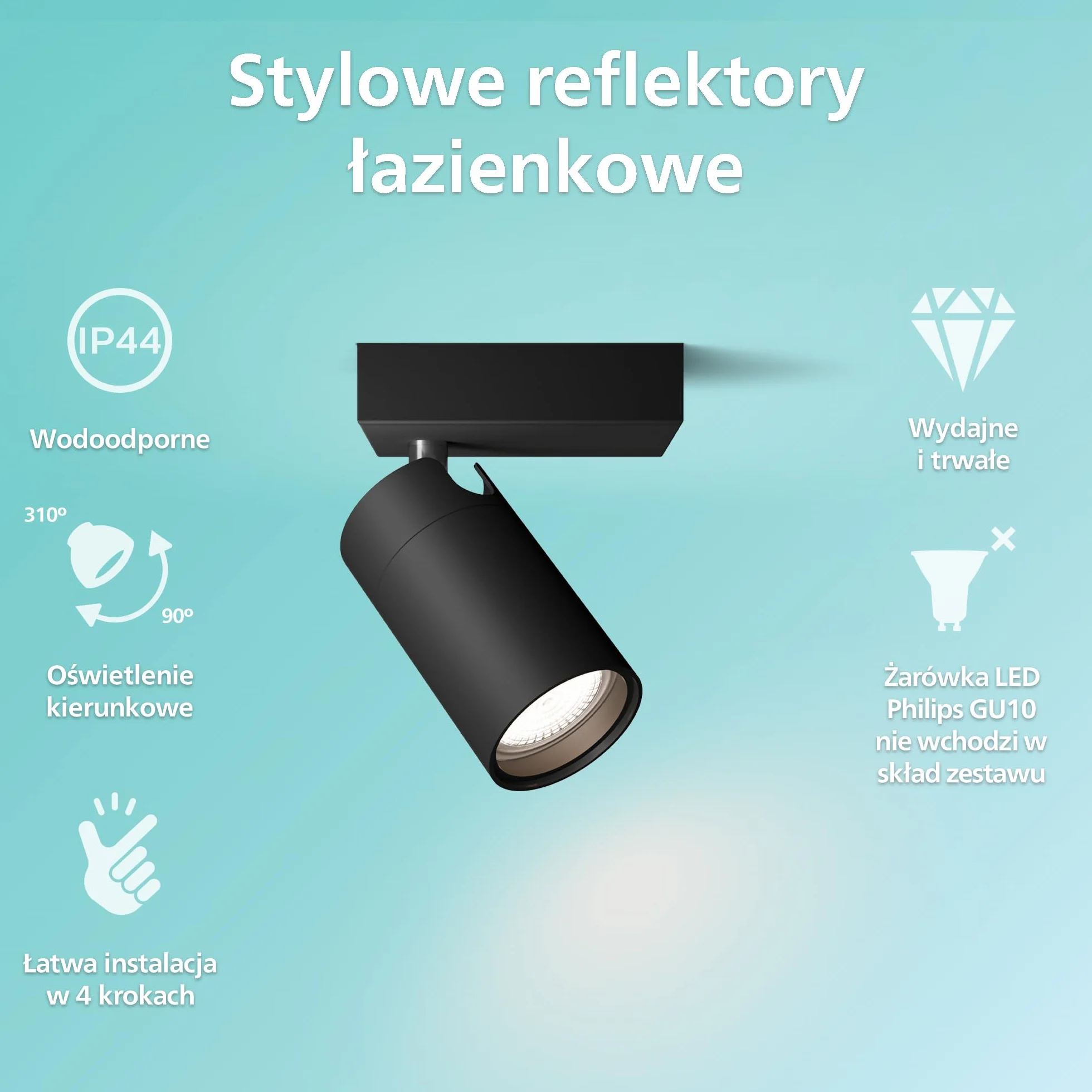 Philips LED Pojedynczy reflektor punktowy Idris, czarny, IP44, wodoodporny, żarówka GU10 nie wchodzi w skład zestawu