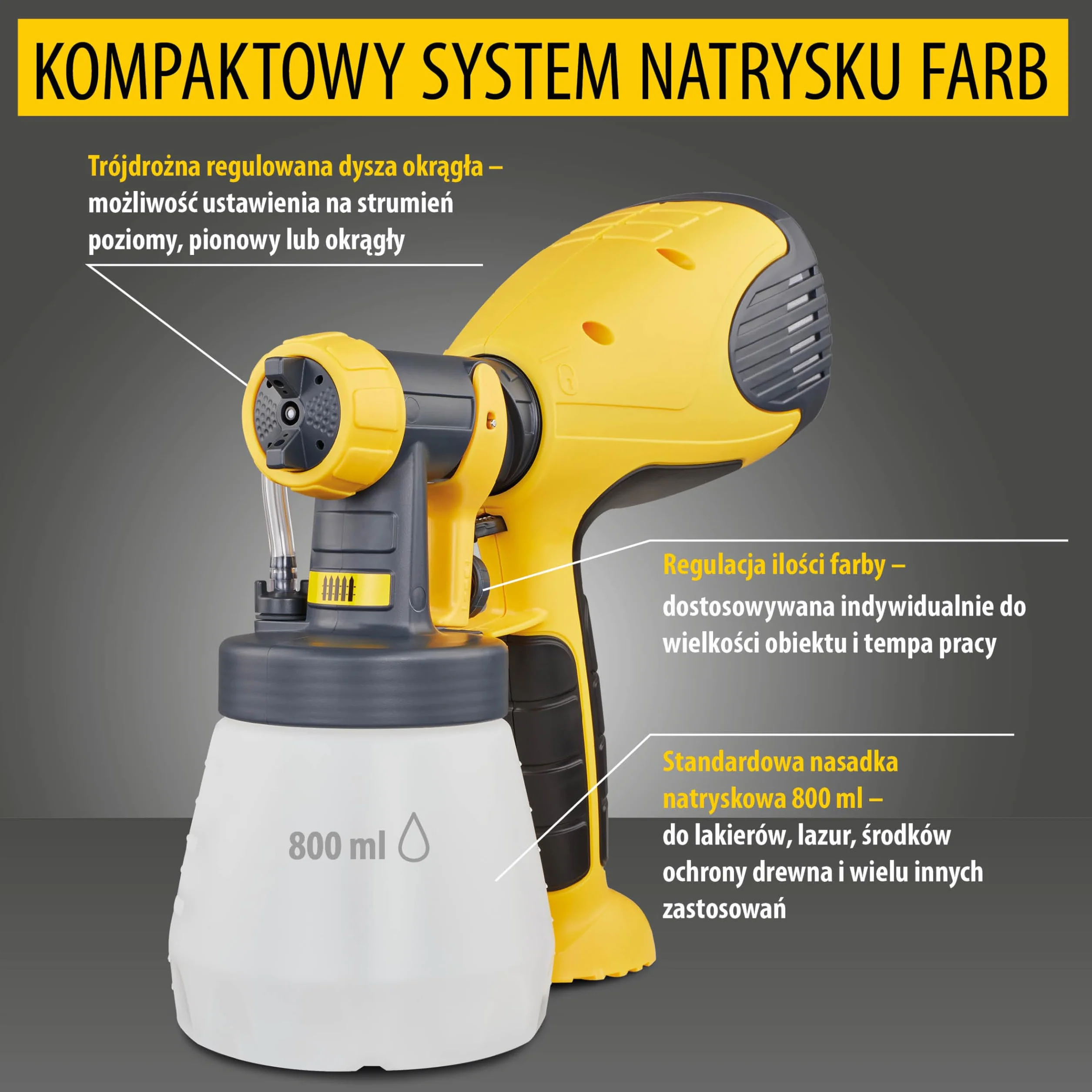 WAGNER spryskiwacz do farby W 100 do lakierów, lazurów w pomieszczeniach i na zewnątrz, 5 m²-12 min, pojemnik 800 ml, 280 W czarno-żółty