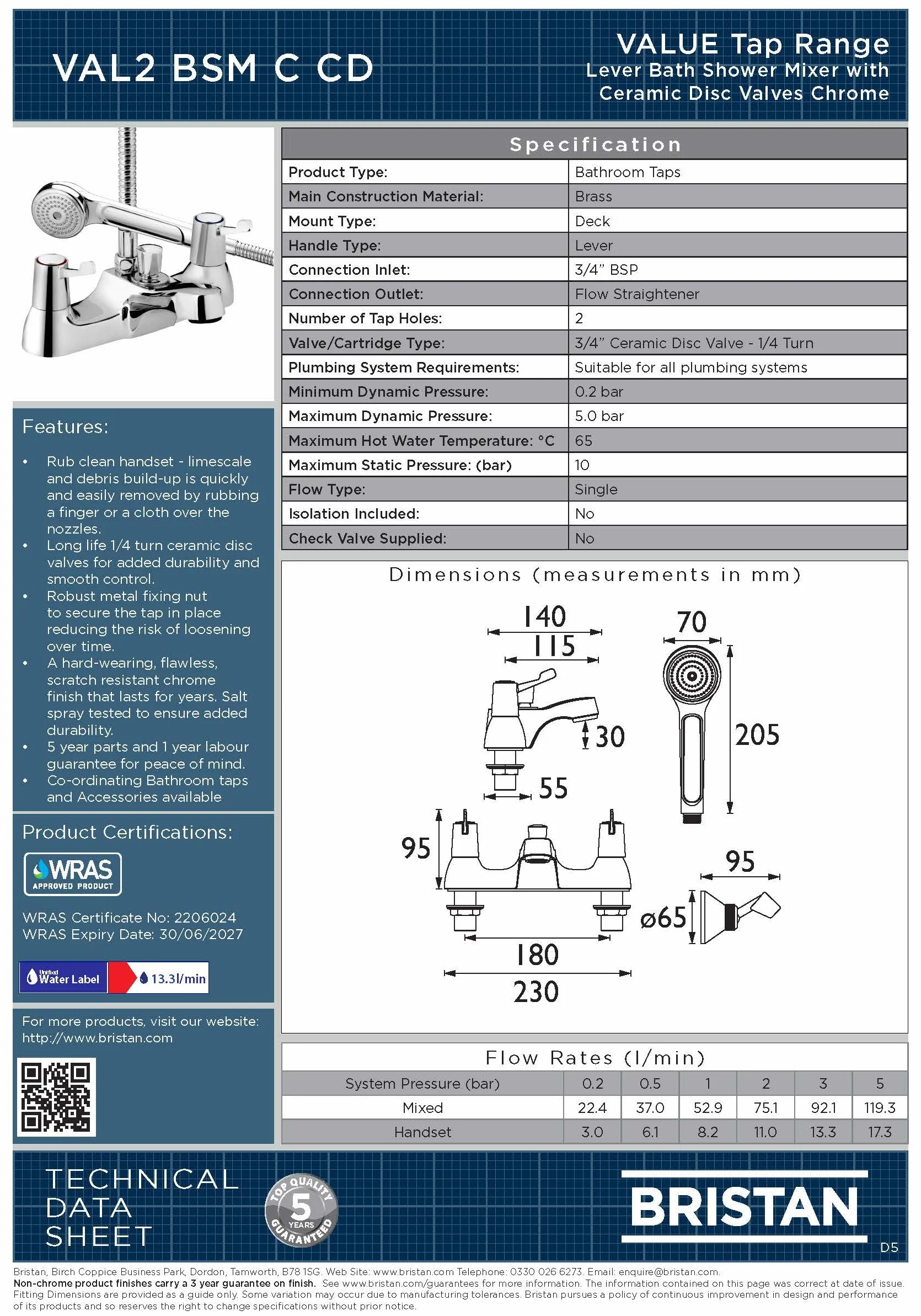 Bristan VAL2 BSM C CD Value bateria łazienkowa prysznicowa 1 i 2 otwory, chrom