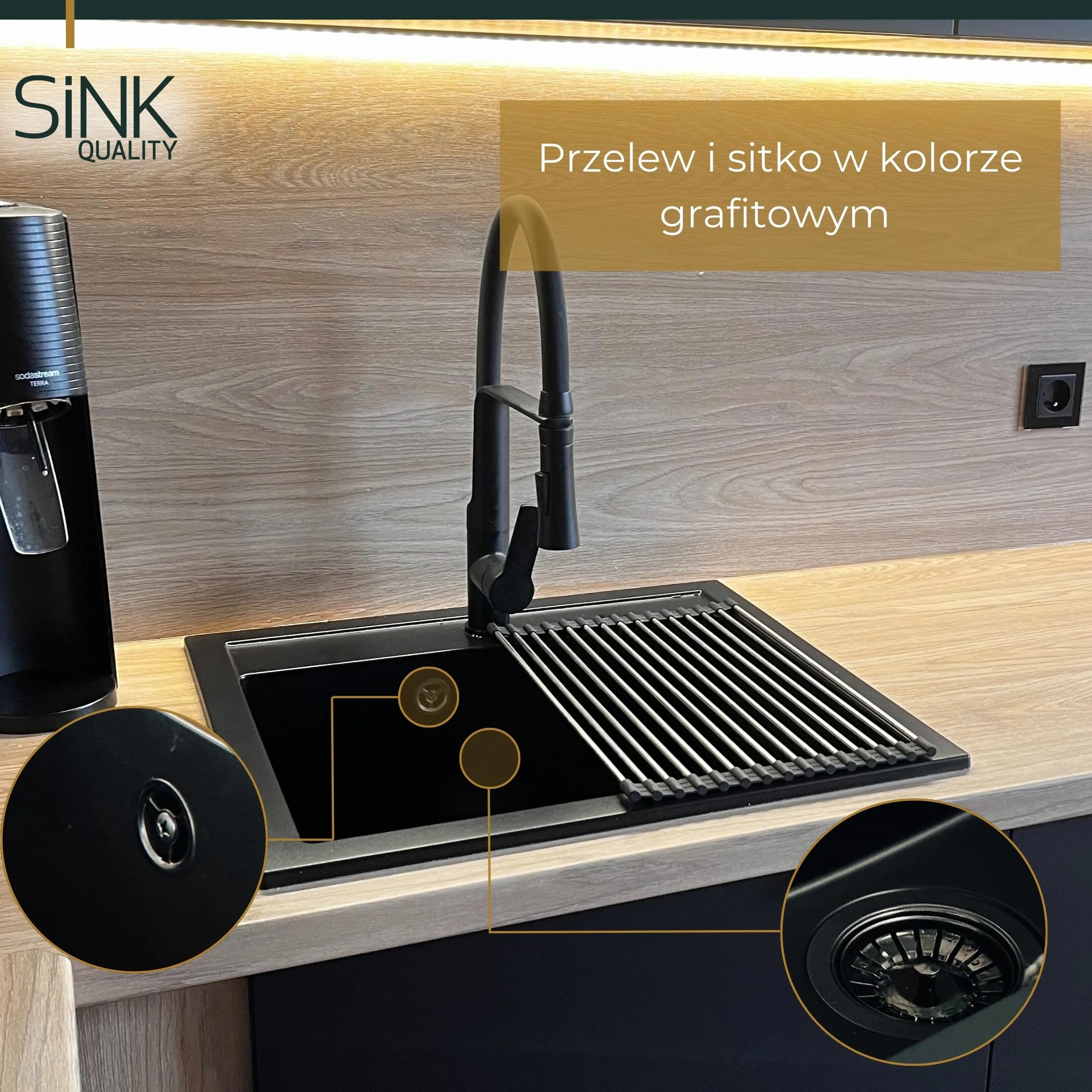 SINK Quality Zlewozmywak Jednokomorowy Czarny 56x51 cm - W zestawie syfon grafitowy i impregnat - Granitowy Zlew Kuchenny do szafki o szerokości od 60 cm