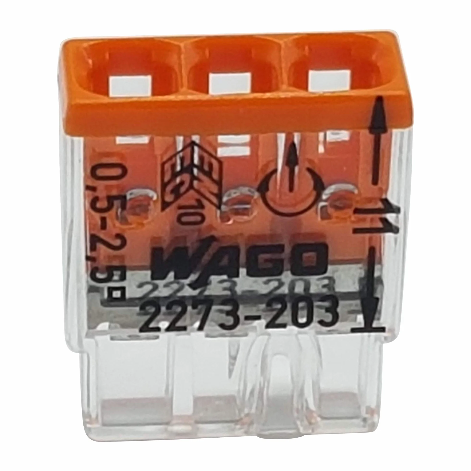 20 sztuk Wago 2273-203 COMPACT zaciski przyłączeniowe Ø 0,5-2,5 mm², 3-biegunowe, przezroczyste/pomarańczowe