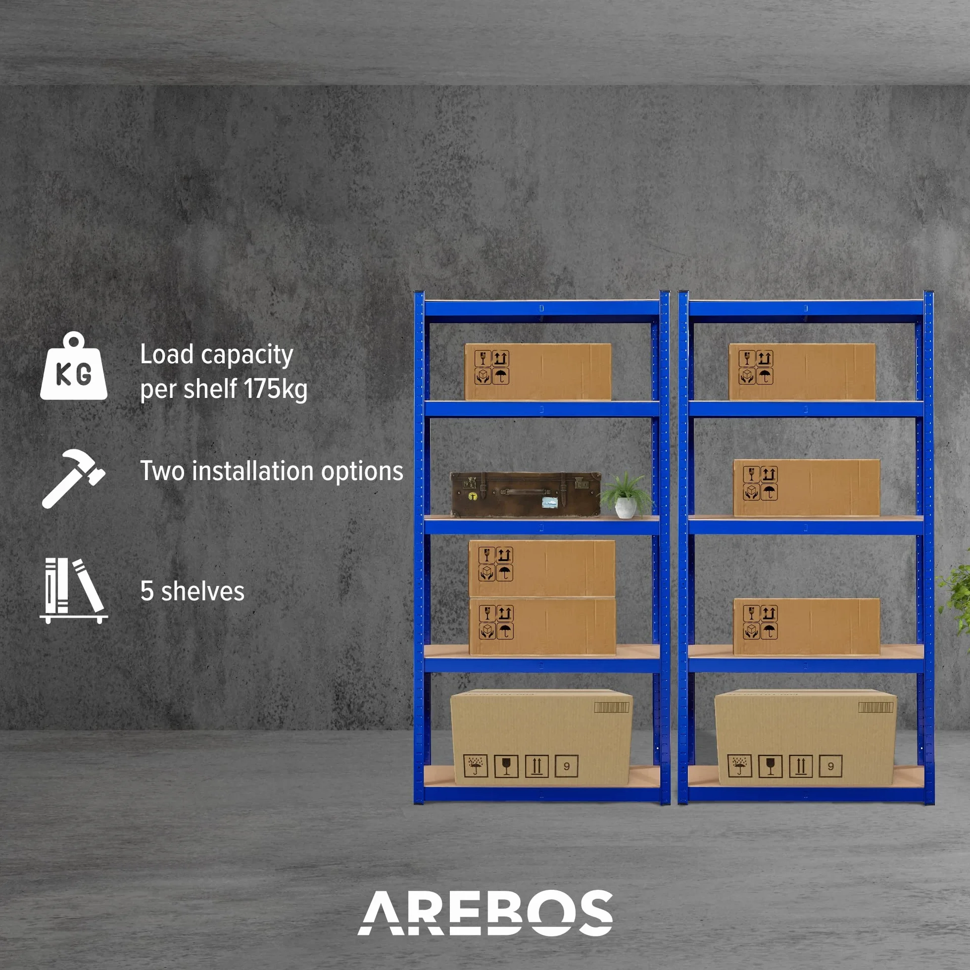 Arebos Regał do dużych obciążeń, zestaw 2 | 180x90x30cm | 0,63 mm | 5 półek | Regał warsztatowy Regał wtykowy Regał magazynowy Regał piwniczny | Niebieski