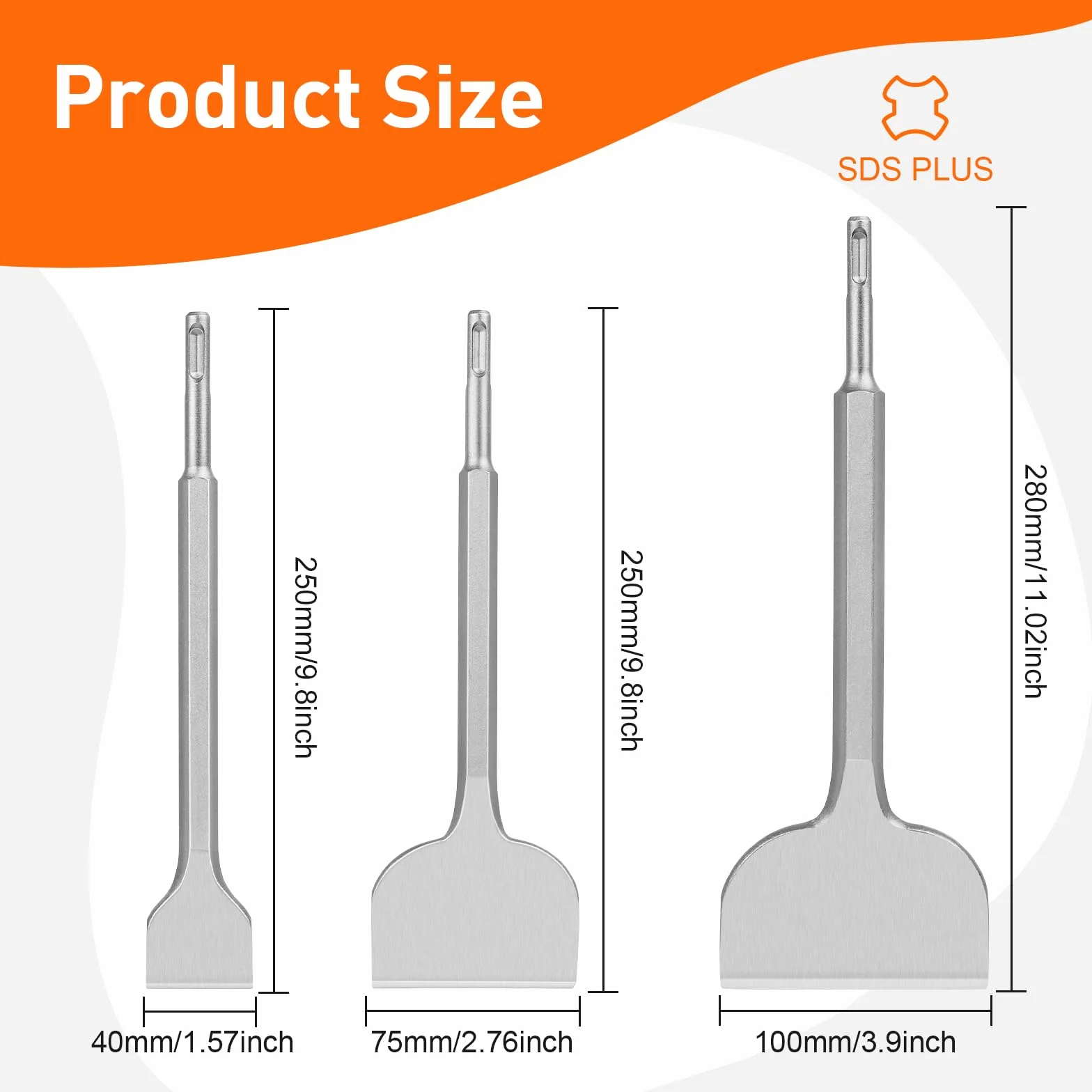 Zestaw dłut SDS PLUS - 3-częściowy 100 mm + 75 mm + 40 mm, dłuto SDS Plus do usuwania płytek, kleju do płytek, betonu, kamienia naturalnego, muru itp. - Dłuto do płytek klasy premium