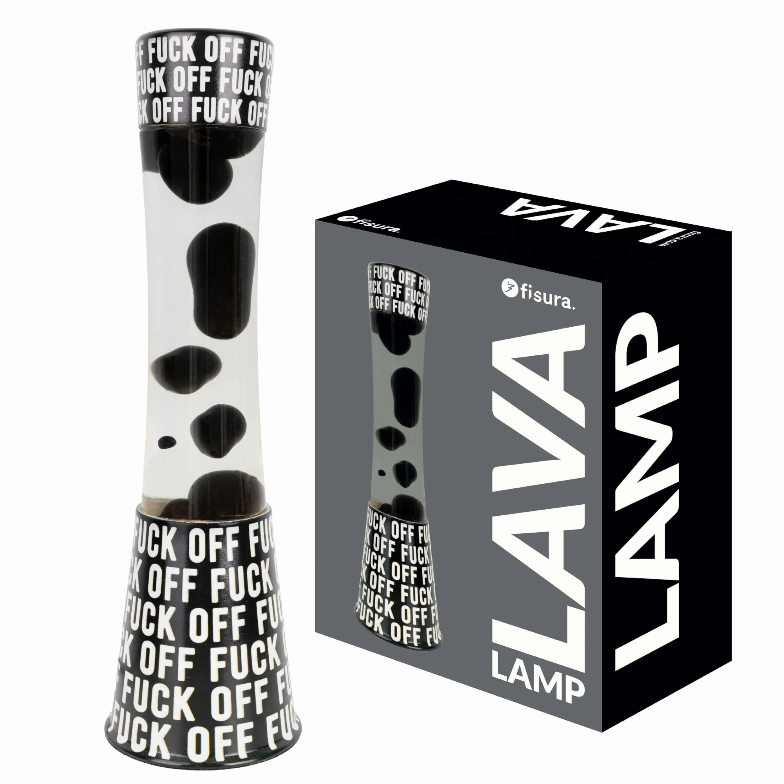 Fisura - Lampa lawa "f*ck off". Czarna podstawa z napisem, przezroczysty płyn i czarna lawa. Relaksujący efekt. Z zapasową żarówką. 11 cm x 11 cm x 39,5 cm.