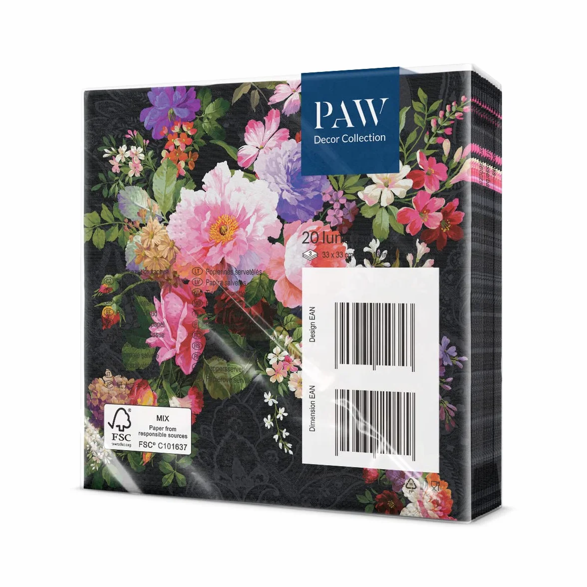 PAW - Serwetki 3-warstwowe (33 x 33 cm) I 20 sztuk I idealne na urodziny, imprezy, wesela, komunię i uroczystości I kolorowe serwetki papierowe - eleganckie kwiaty I kolor: róże na aksamicie